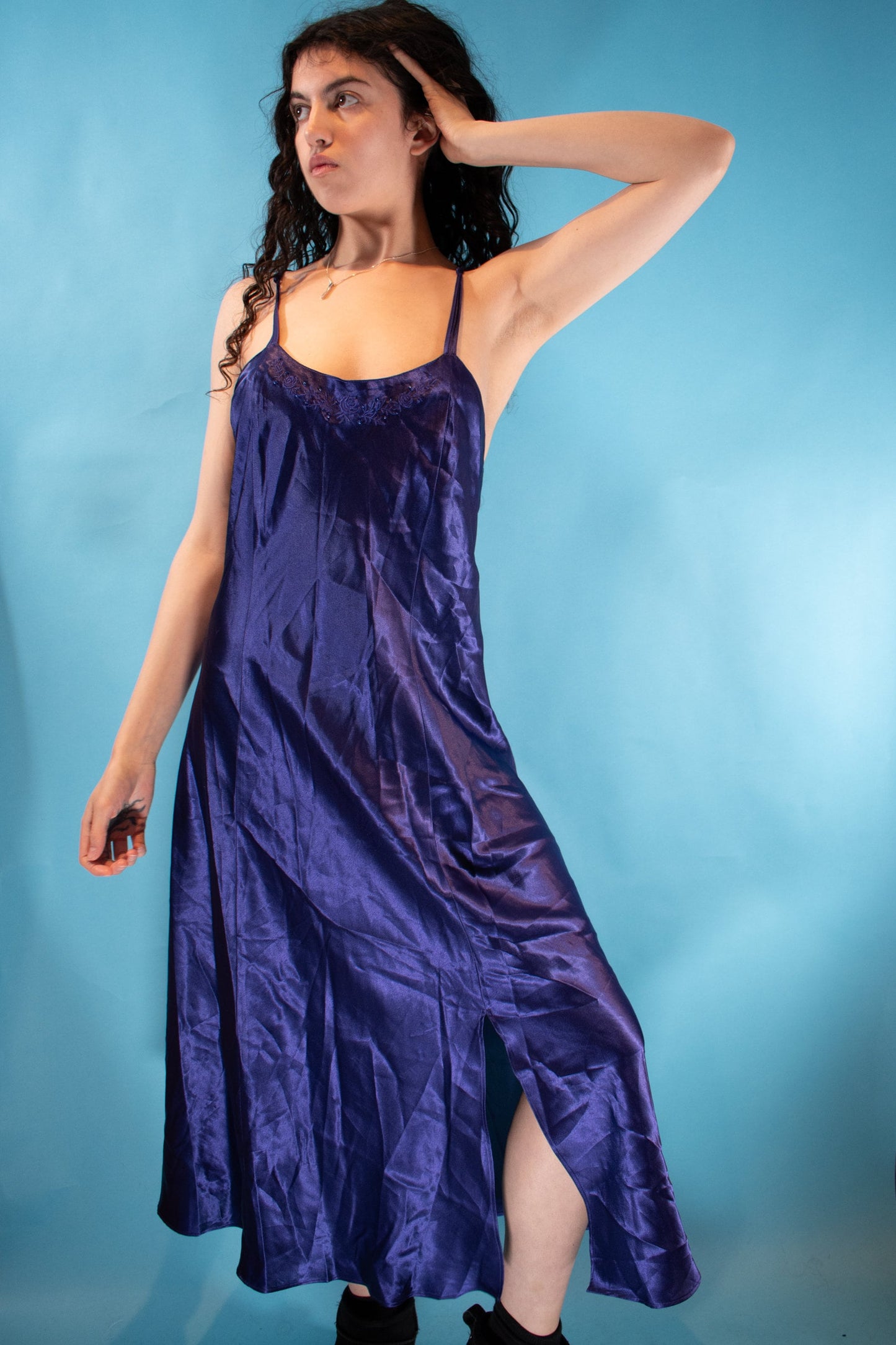 Vintage Y2K Size M Satin Slip Cross Back Maxi Dress in Purple.