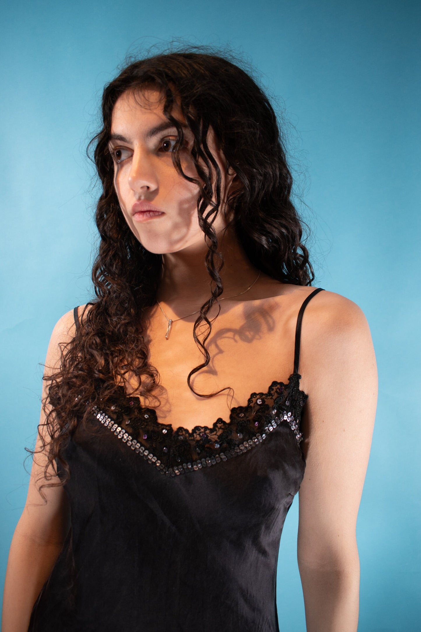 Vintage Y2K Size S/M Sequinned Cami Slip Top in Black.