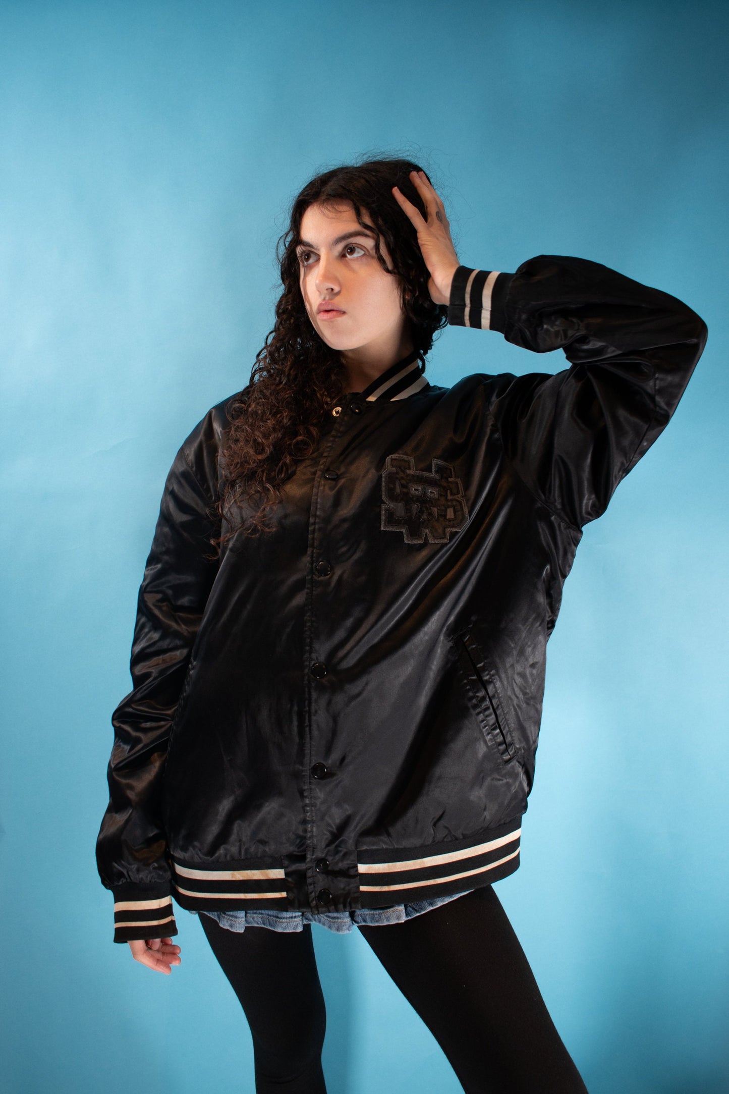 Vintage 1990s Size XL Nike SW Satin Bomber Jacket in Black.