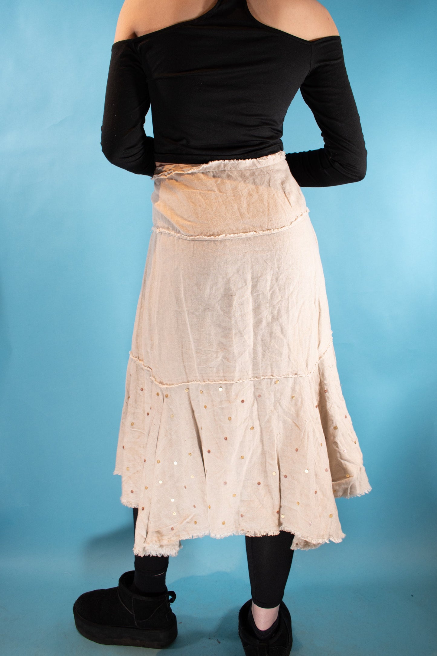Vintage Y2K Size S Linen Blend Waterfall Midi Skirt in Beige.