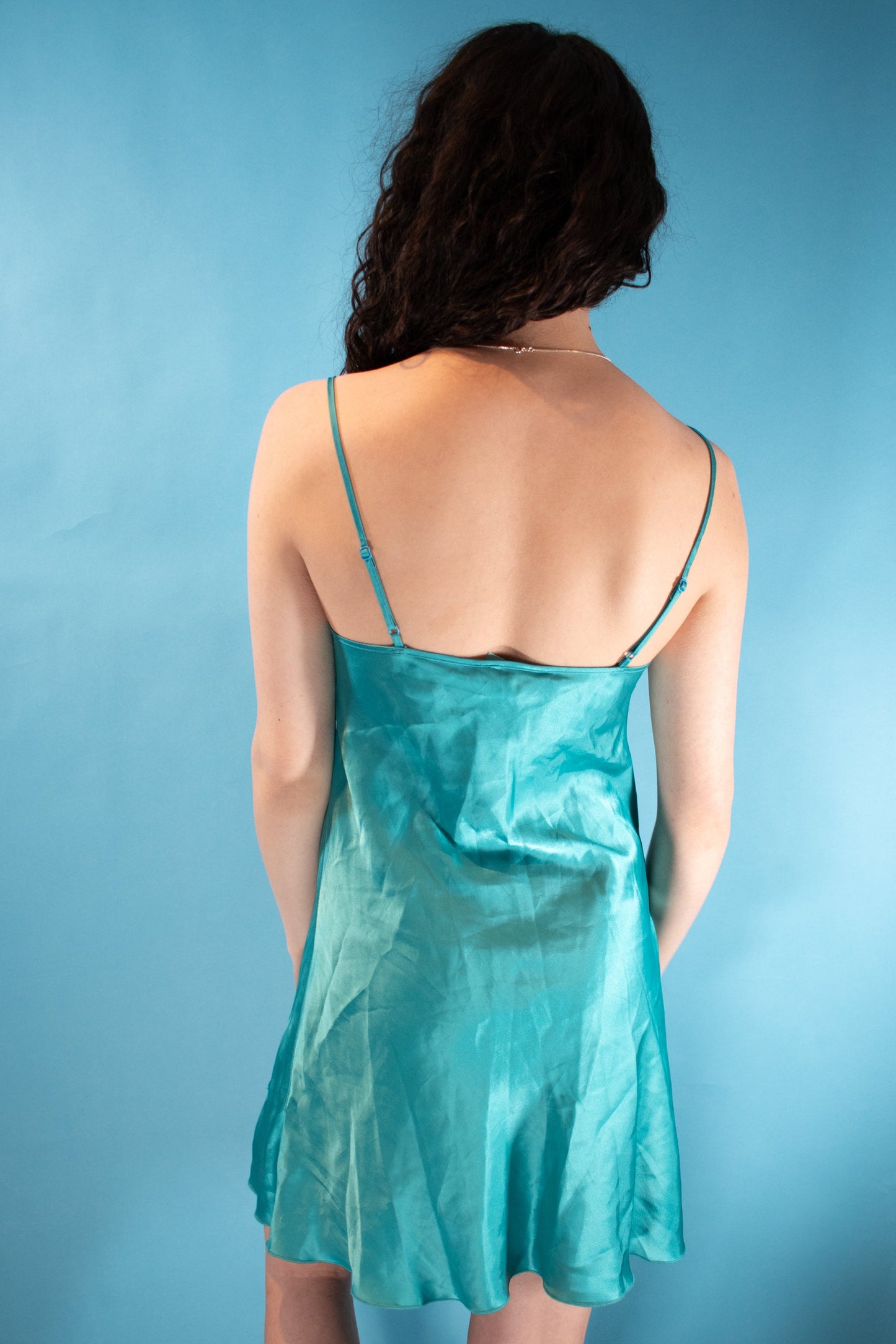 Vintage Y2K Size S Satin Embellished Mini Slip Dress in Turquoise.