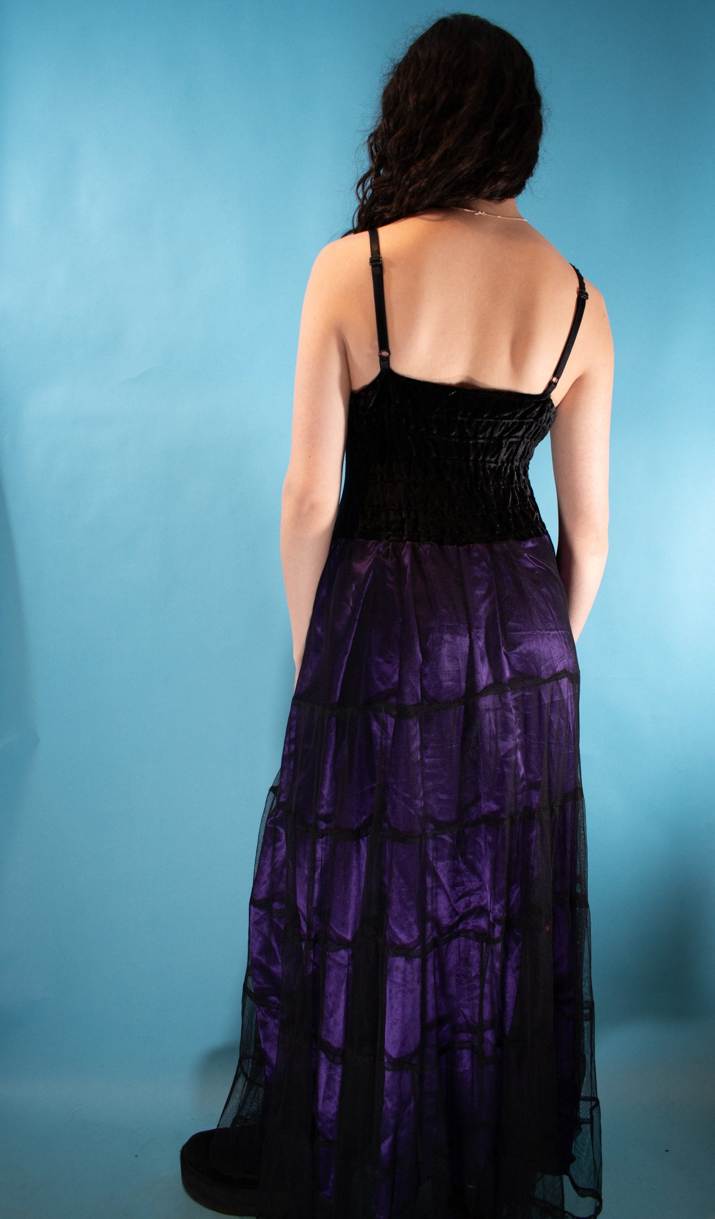 Vintage Y2K Size M Gothic Velvet Tulle and Satin Maxi Dress in Black and Purple.