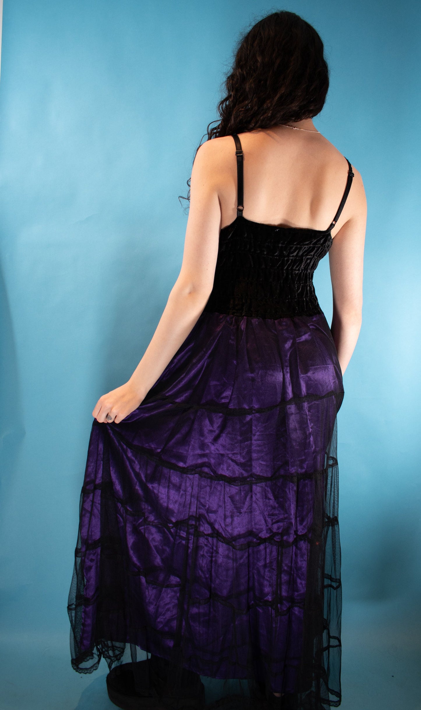 Vintage Y2K Size M Gothic Velvet Tulle and Satin Maxi Dress in Black and Purple.