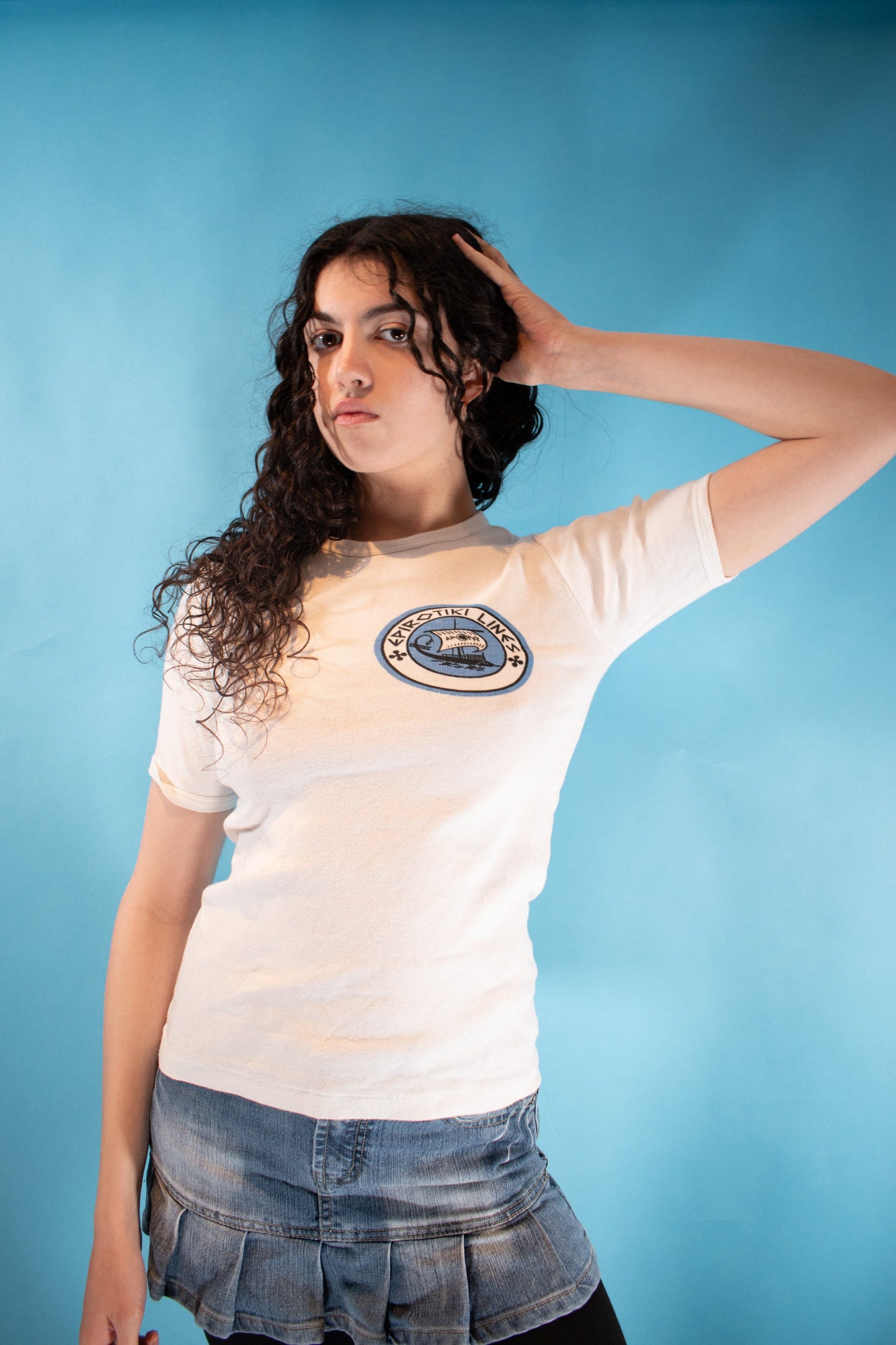 Vintage Y2K Size S Epirotiki Lines Graphic T-Shirt in White.