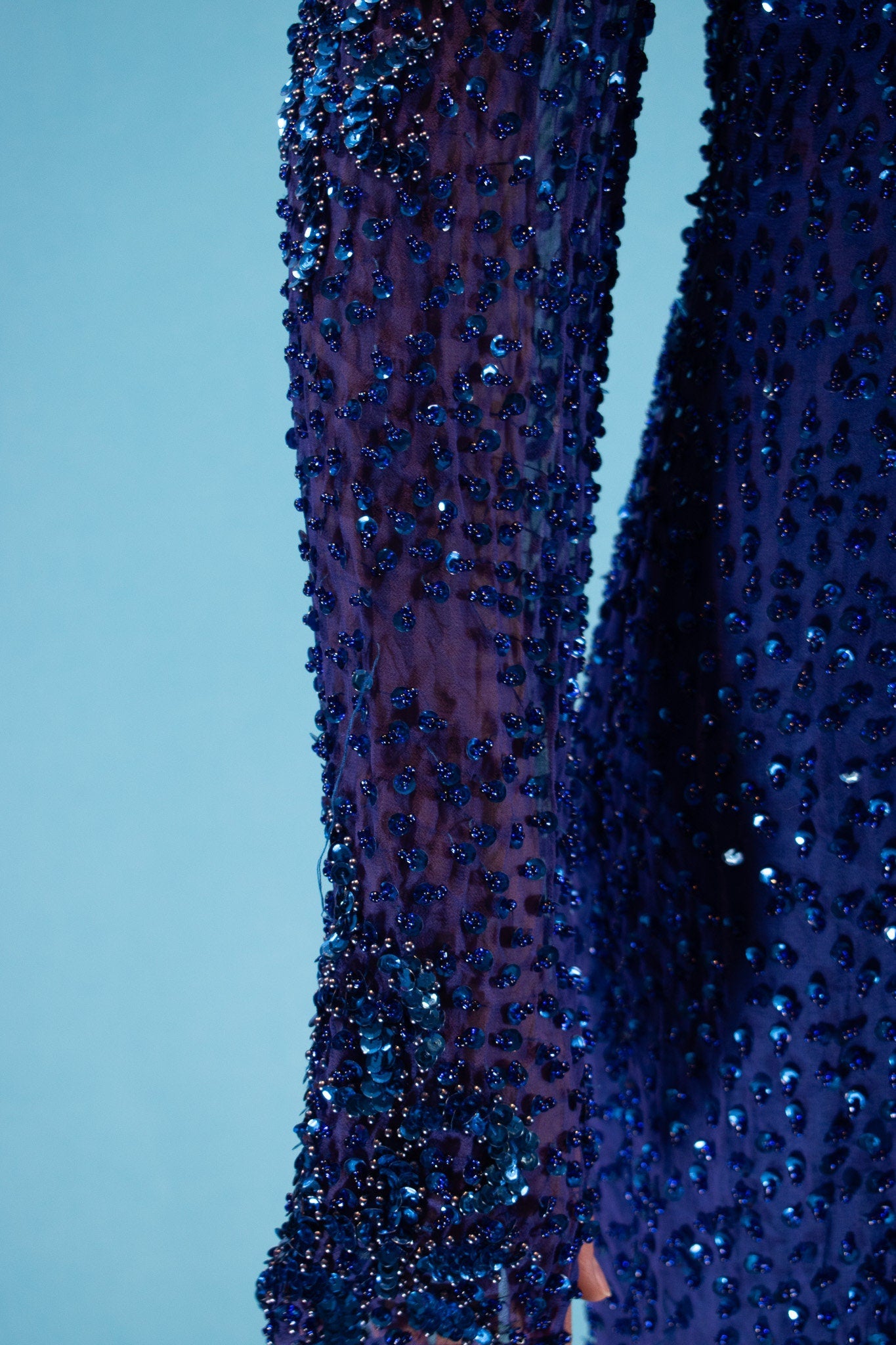 Vintage 1980s Size M Full Sequin Long Sleeve Maxi Dress in Royal Blue.
