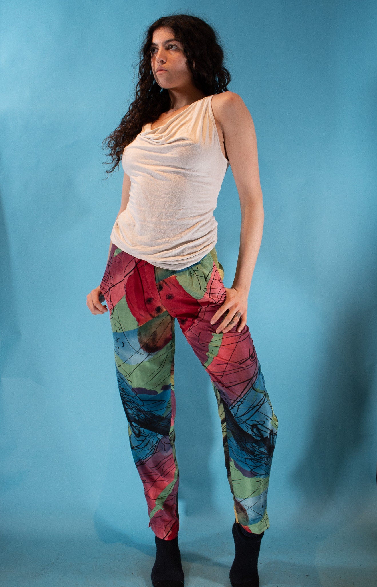Vintage 1980s Size S Abstracted Printed Silk Trousers.