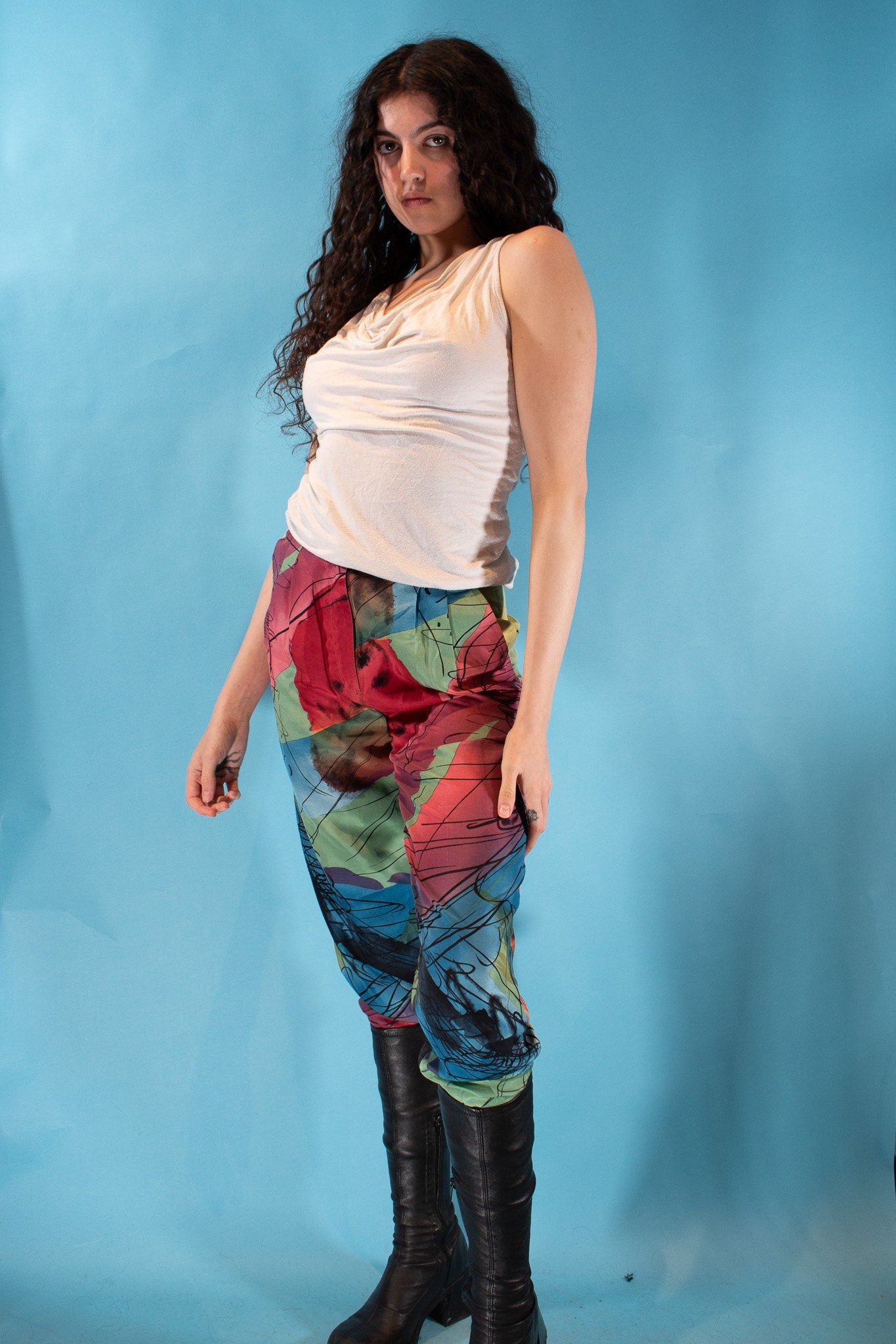 Vintage 1980s Size S Abstracted Printed Silk Trousers.