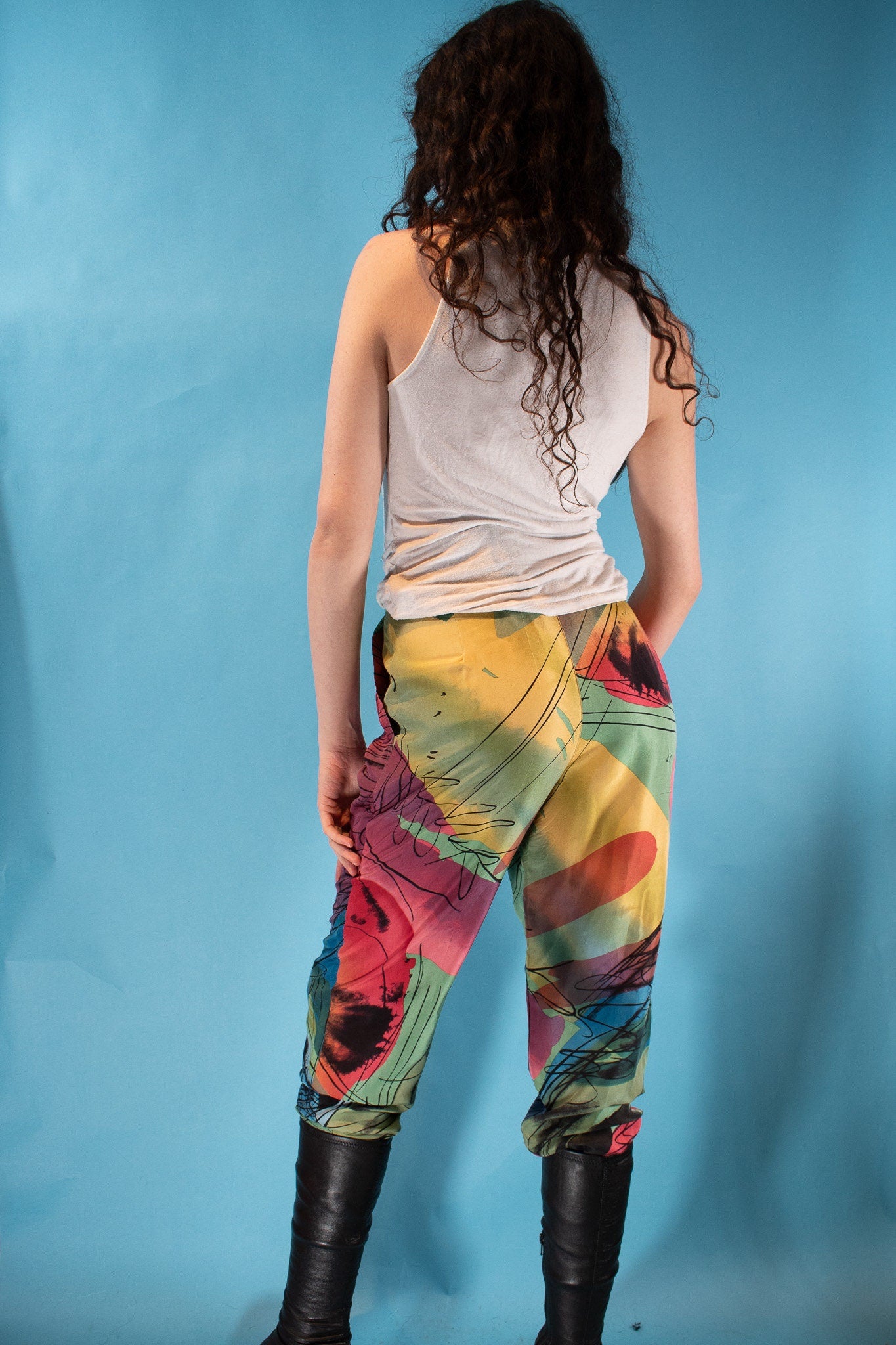 Vintage 1980s Size S Abstracted Printed Silk Trousers.