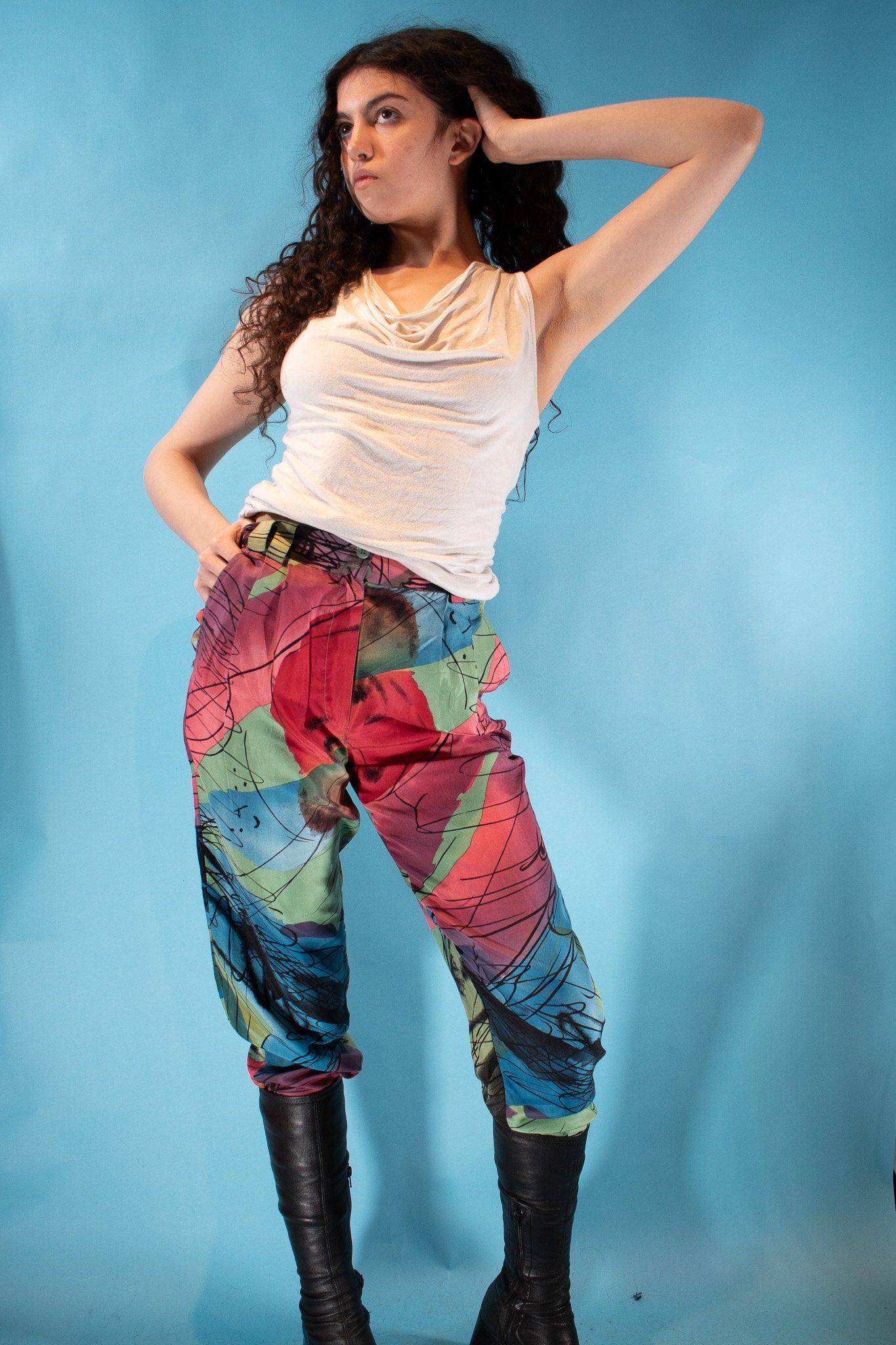 Vintage 1980s Size S Abstracted Printed Silk Trousers.