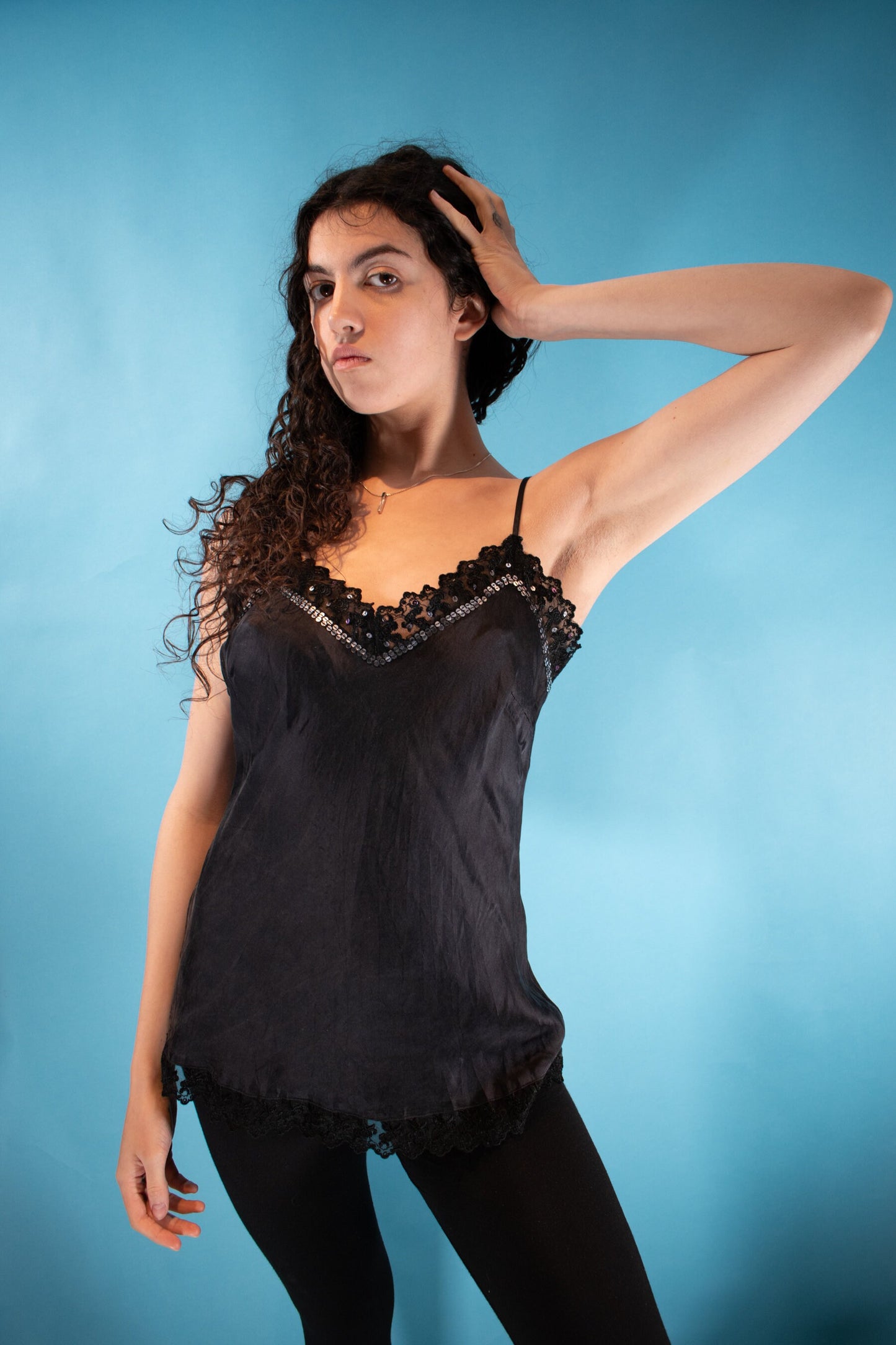 Vintage Y2K Size S/M Sequinned Cami Slip Top in Black.