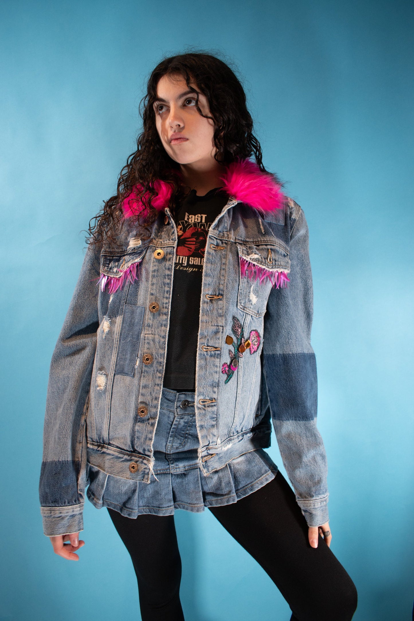 Vintage Reworked One of a Kind Denim Jacket with Pink Fur and Tassels.