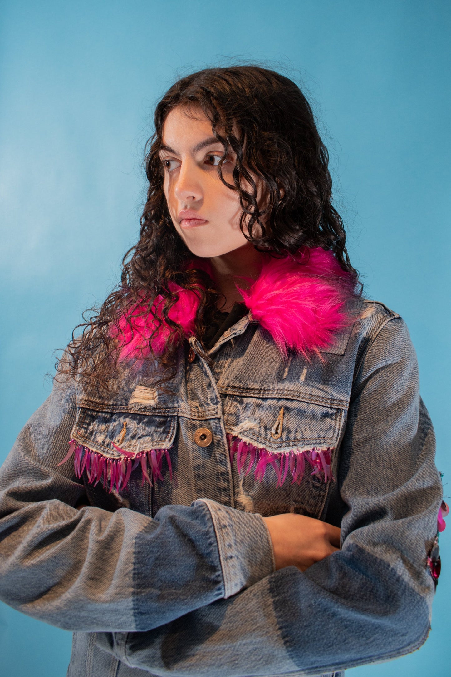 Vintage Reworked One of a Kind Denim Jacket with Pink Fur and Tassels.