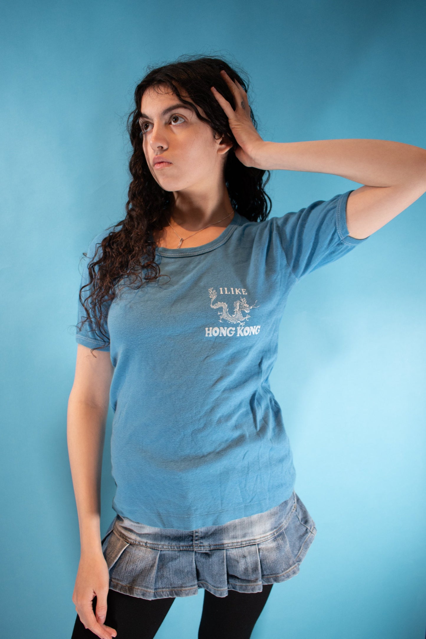 Vintage 1990s Size S I Like Hong Kong T-Shirt in Blue.