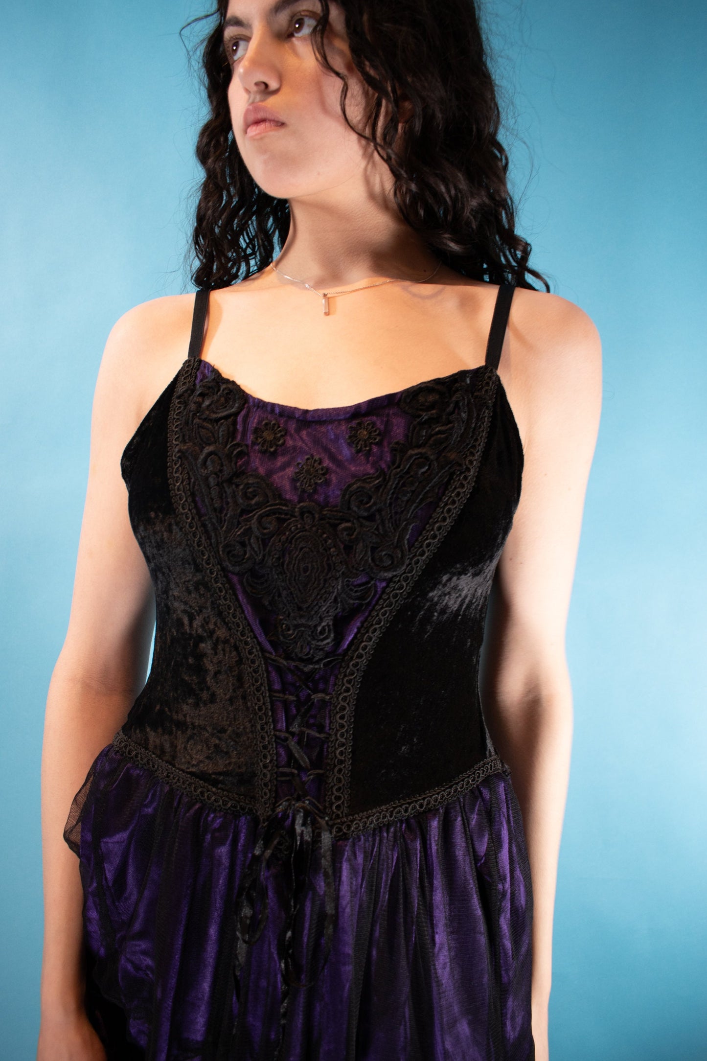 Vintage Y2K Size M Gothic Velvet Tulle and Satin Maxi Dress in Black and Purple.