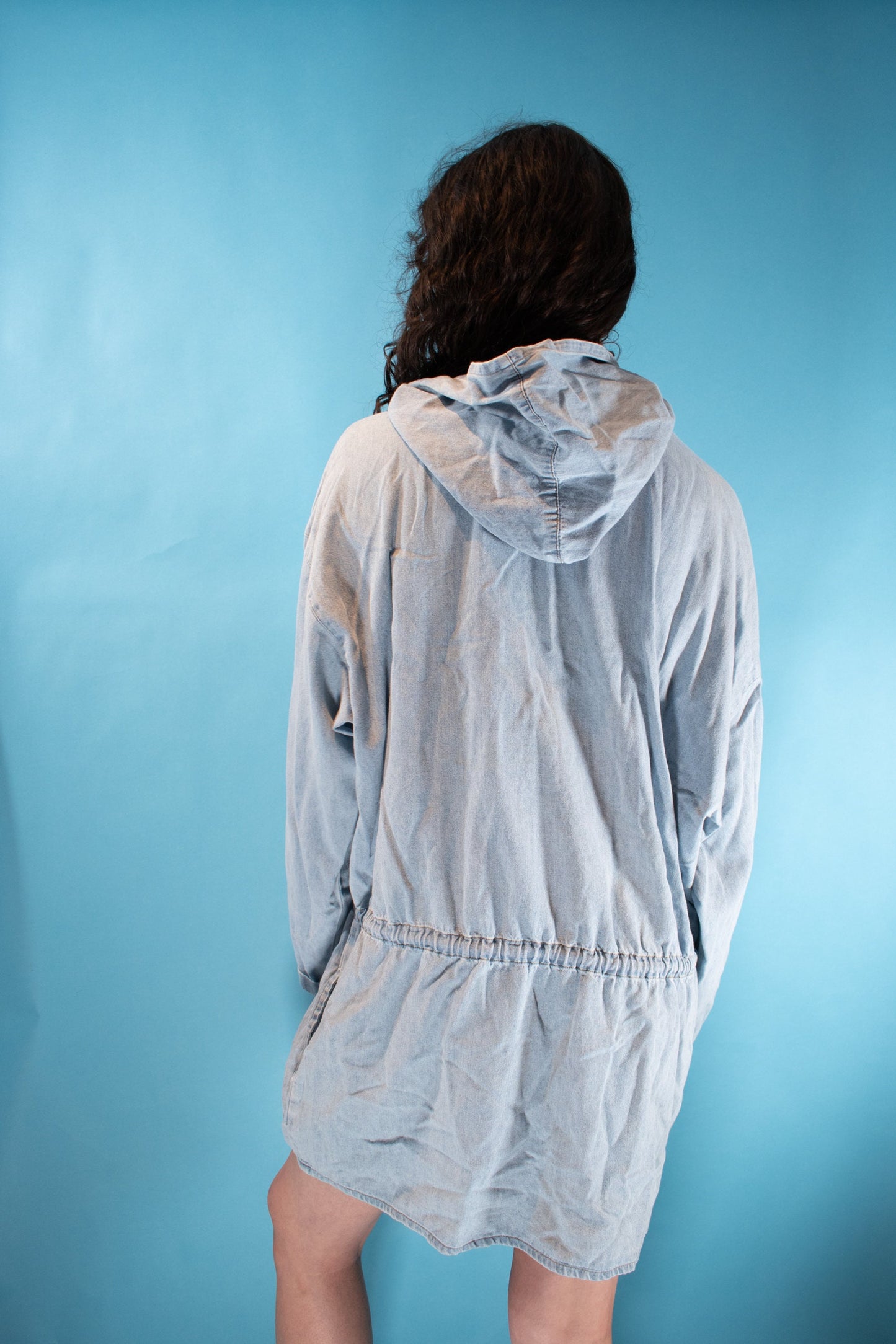 Vintage 1980s Size L Denim Hooded Dress in Light Wash.