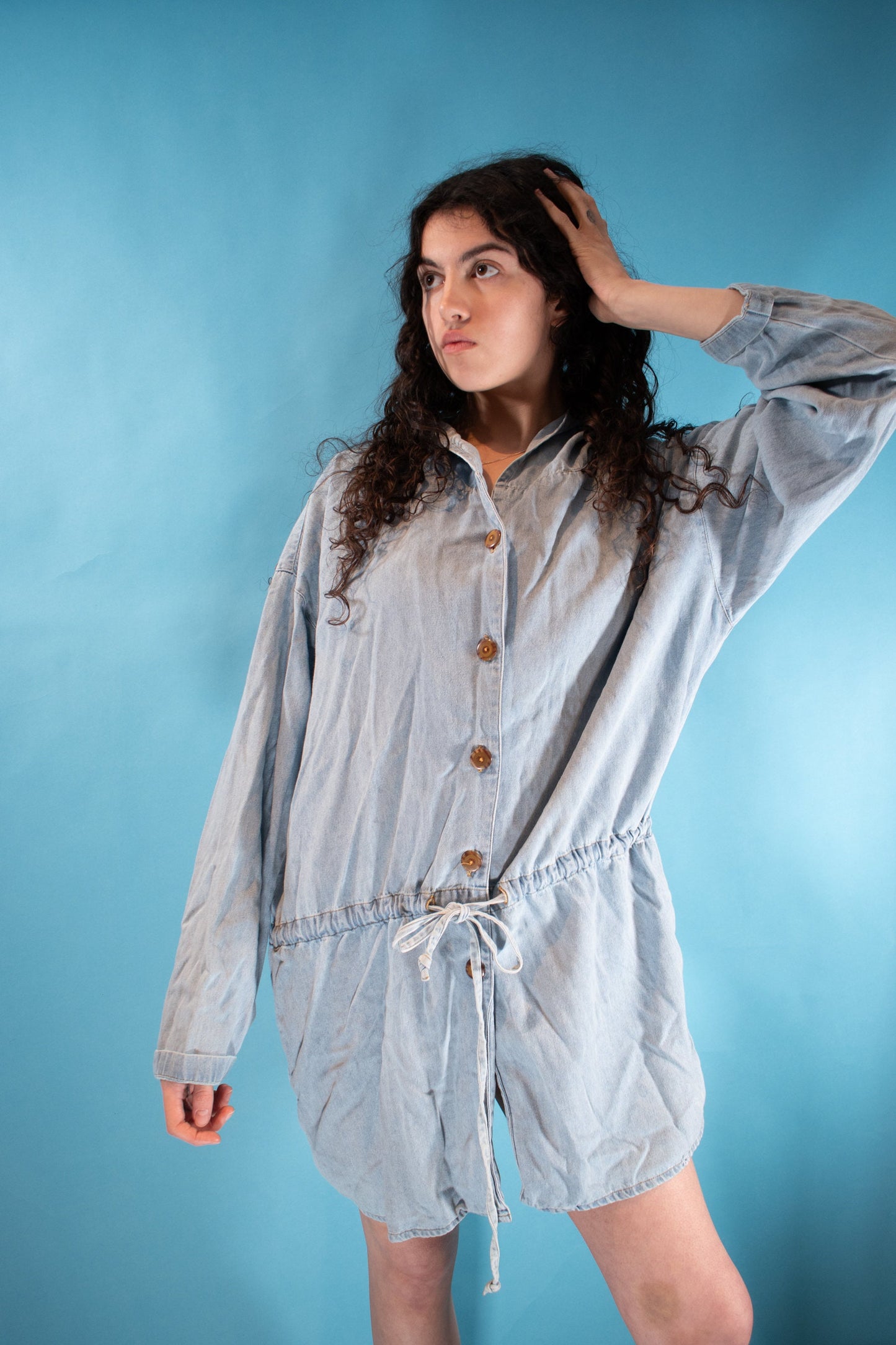 Vintage 1980s Size L Denim Hooded Dress in Light Wash.