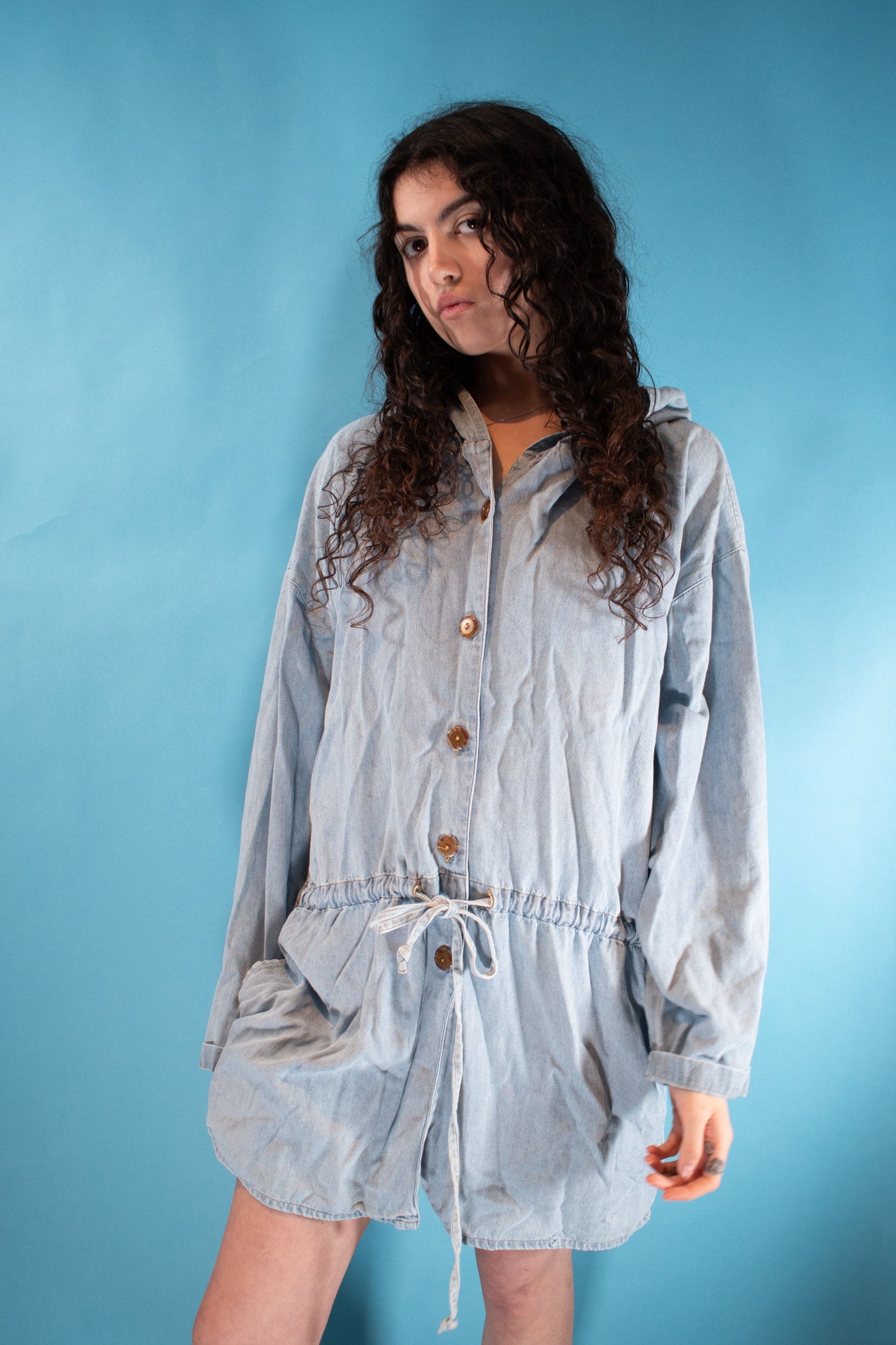 Vintage 1980s Size L Denim Hooded Dress in Light Wash.