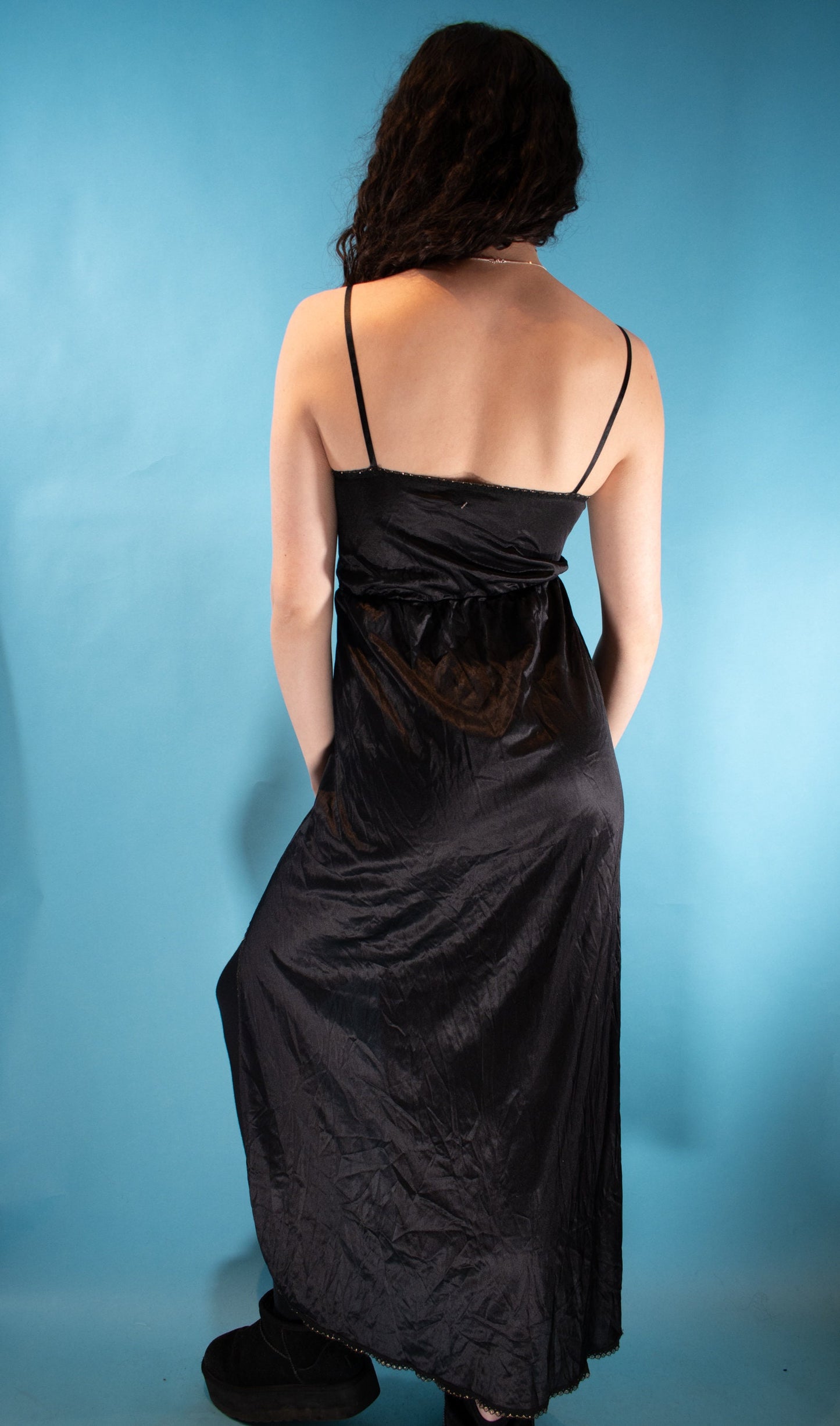 Vintage Y2K Size S/M Gothic Plunge Tie Up Maxi Dress with Slits in Black Satin.