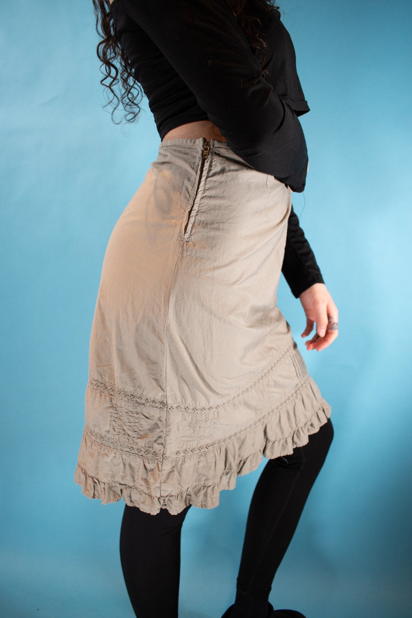 Vintage 1990s Size M Benneton Frilled Cargo Skirt in Khaki.