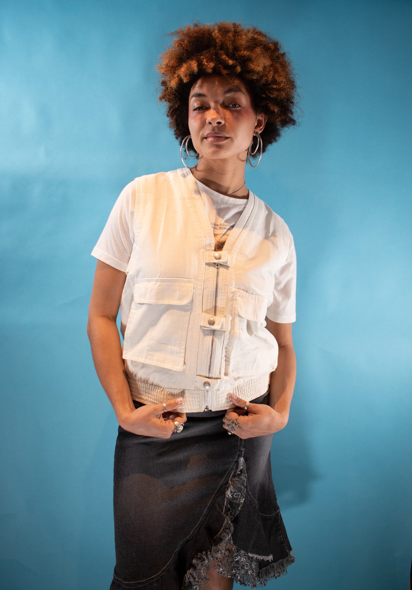 Vintage Y2K Size M Cargo Waistcoat in White.