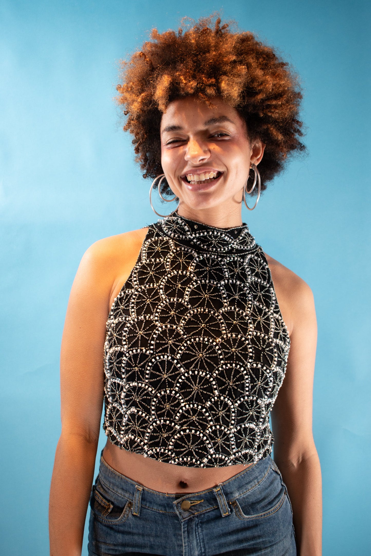 Vintage Y2K Size S/M Embellished Halter Neck Top in Black and Silver.