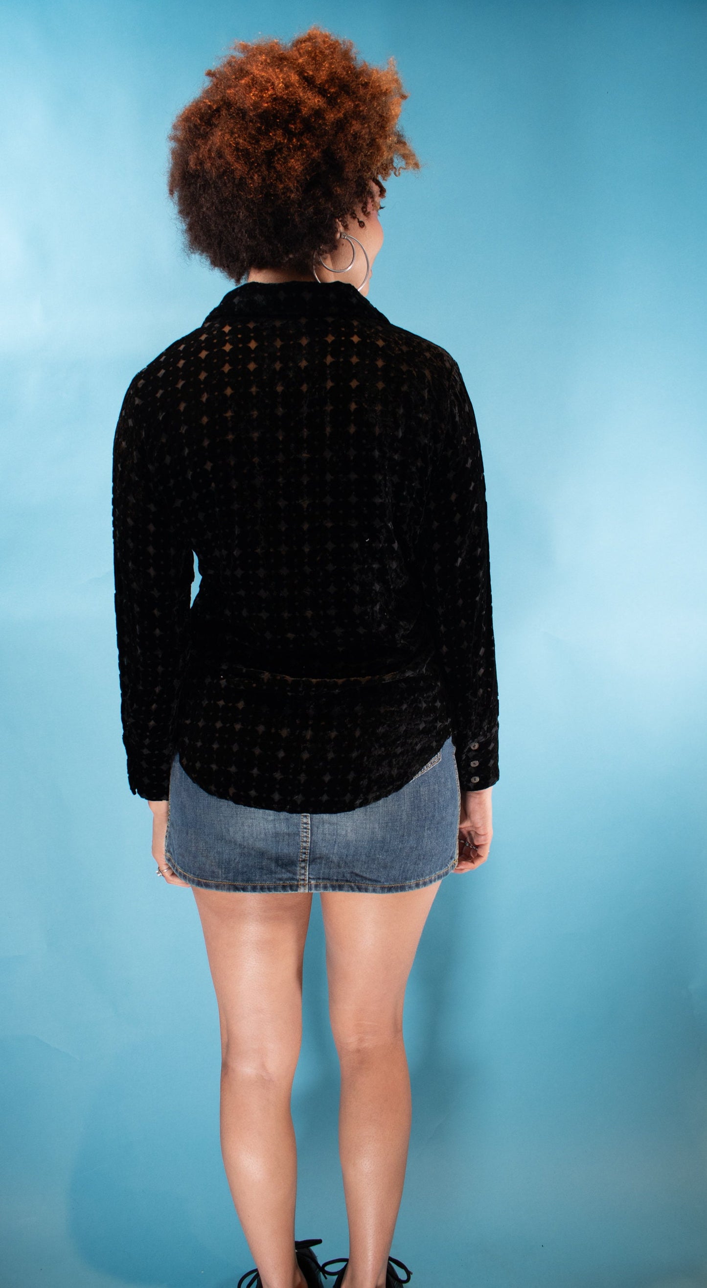 Vintage Y2K Size M Semi Sheer Velvet Long Sleeve Shirt in Black.