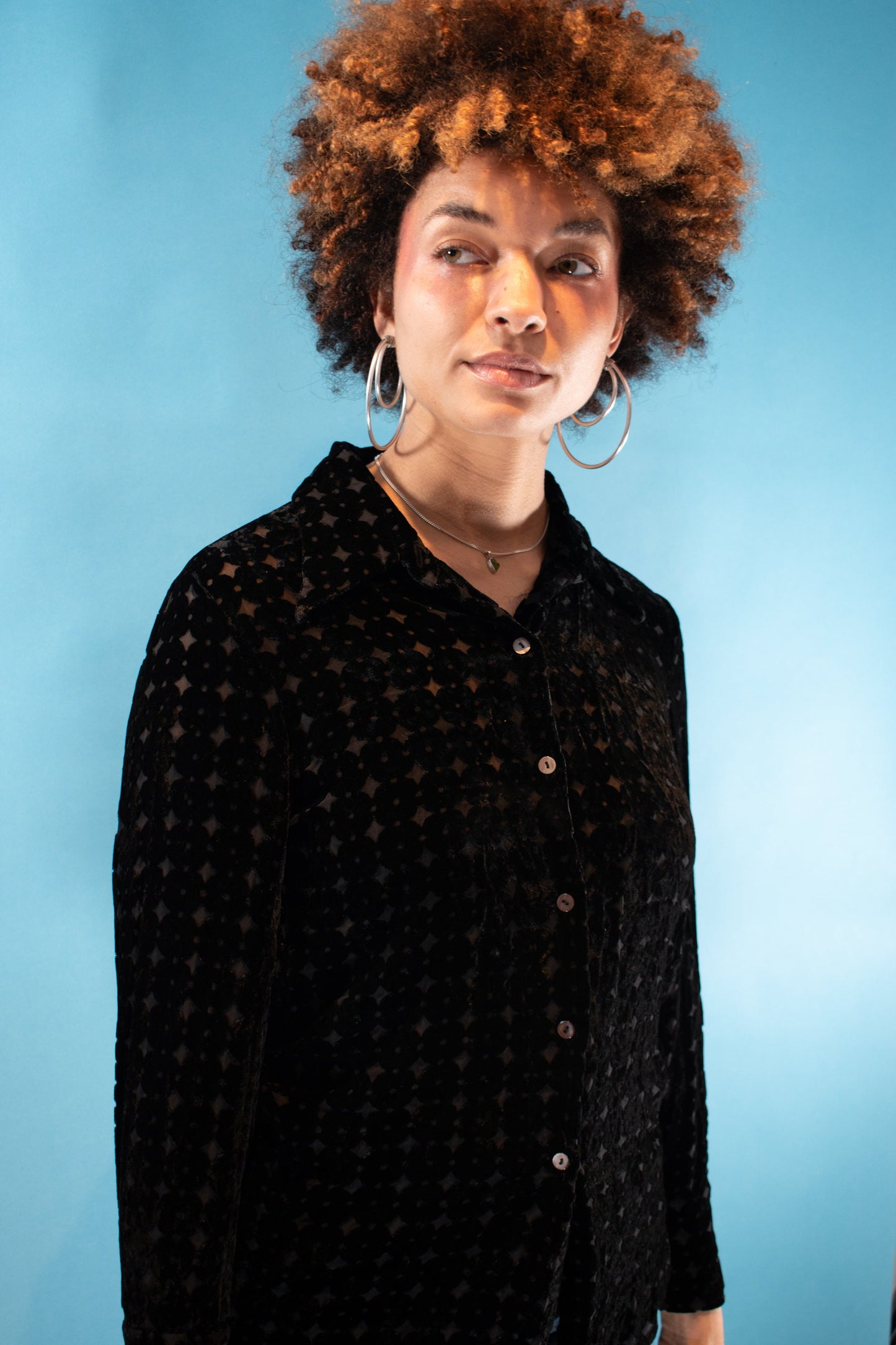 Vintage Y2K Size M Semi Sheer Velvet Long Sleeve Shirt in Black.