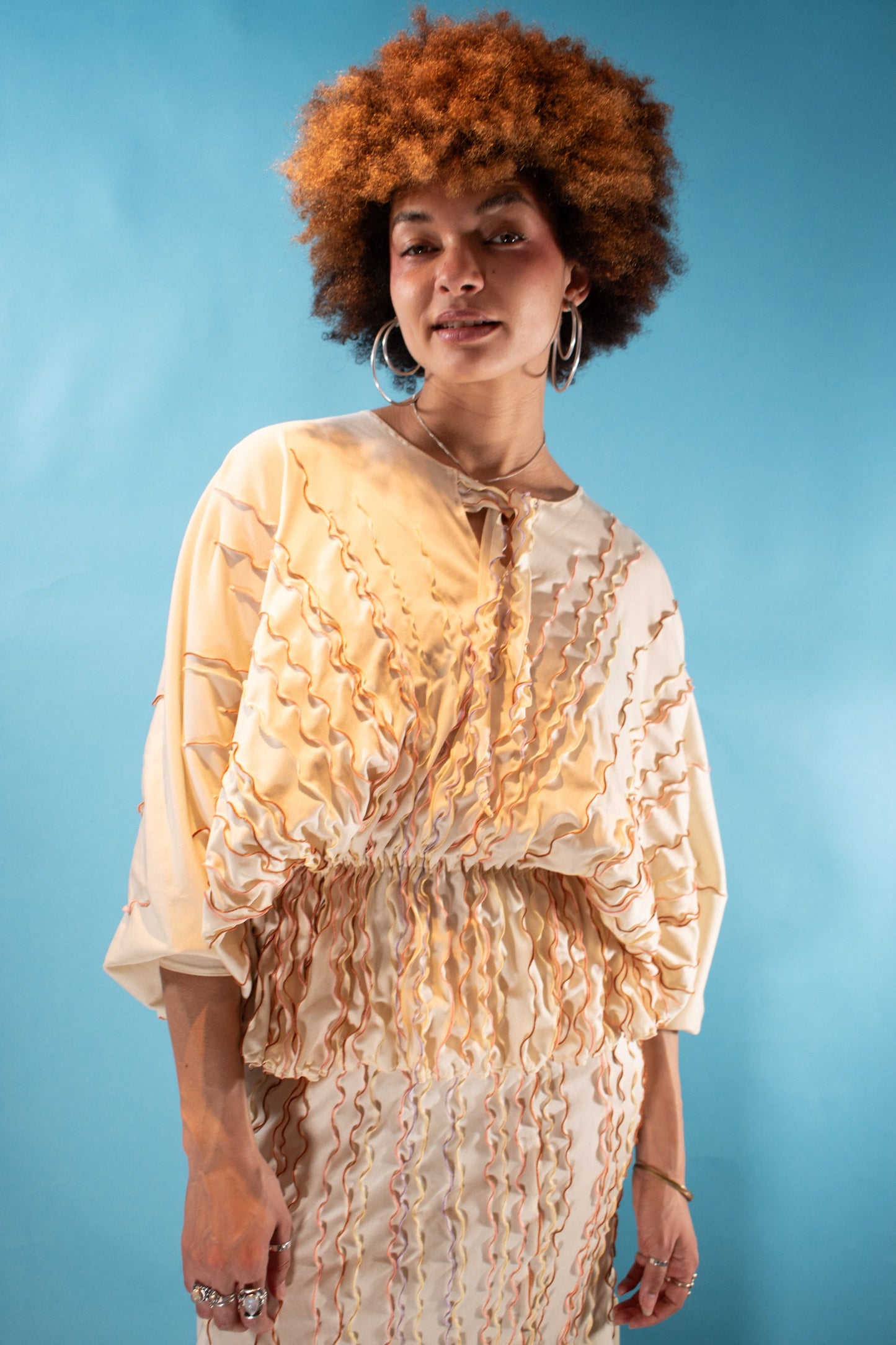 Vintage 1970s Free Size Frilled Batwing Blouse and Skirt 2 Piece Set in Cream and Pink.