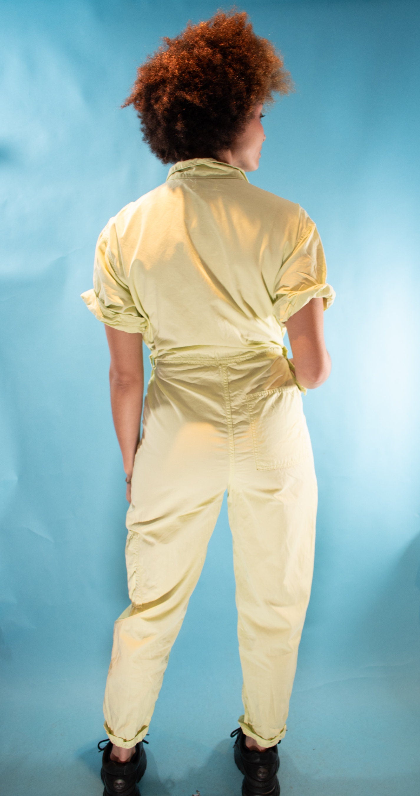 Vintage Y2K Size S/M Zip Up Utility Boiler Suit in Neon Yellow.