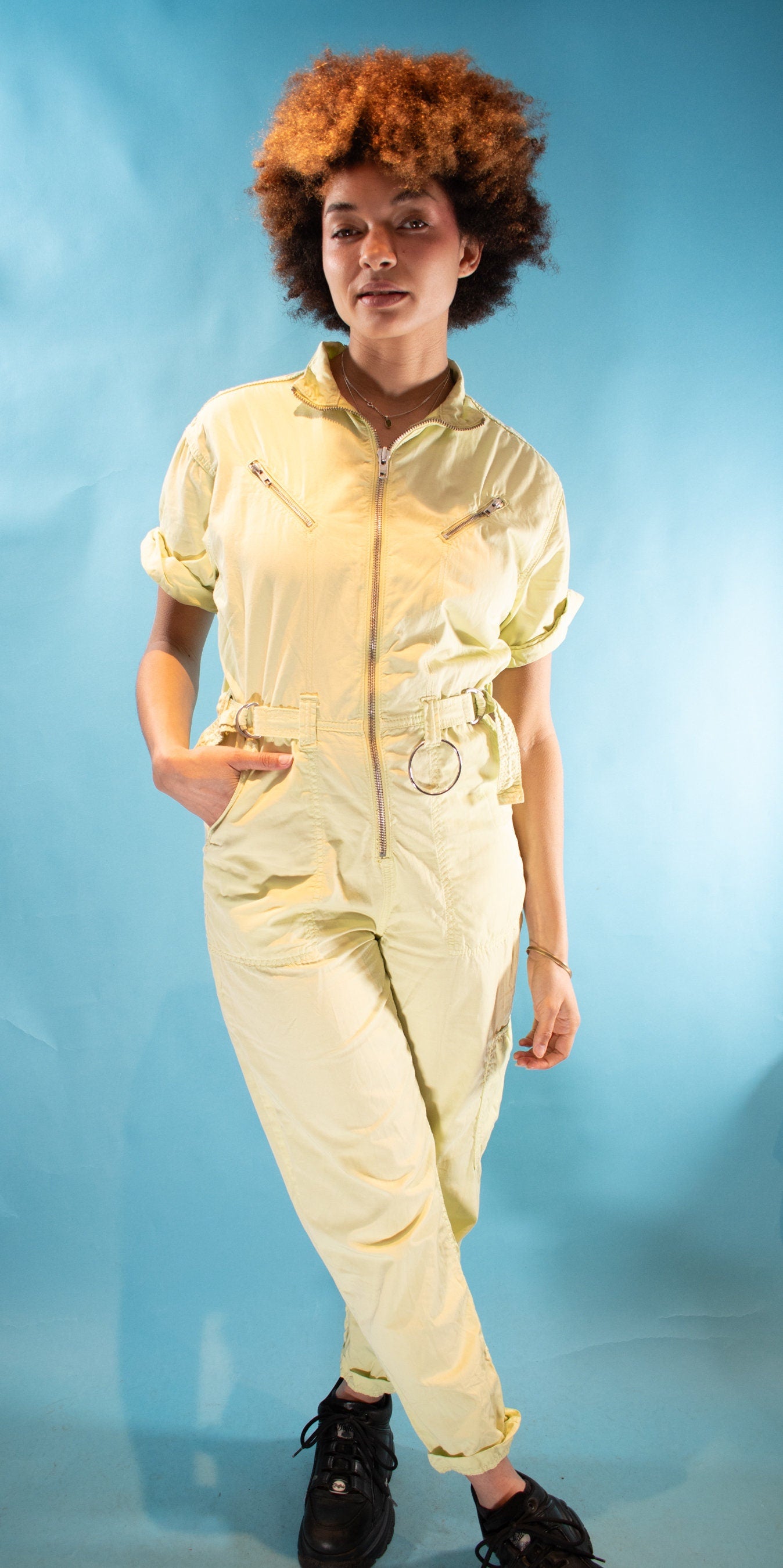 Vintage Y2K Size S/M Zip Up Utility Boiler Suit in Neon Yellow.