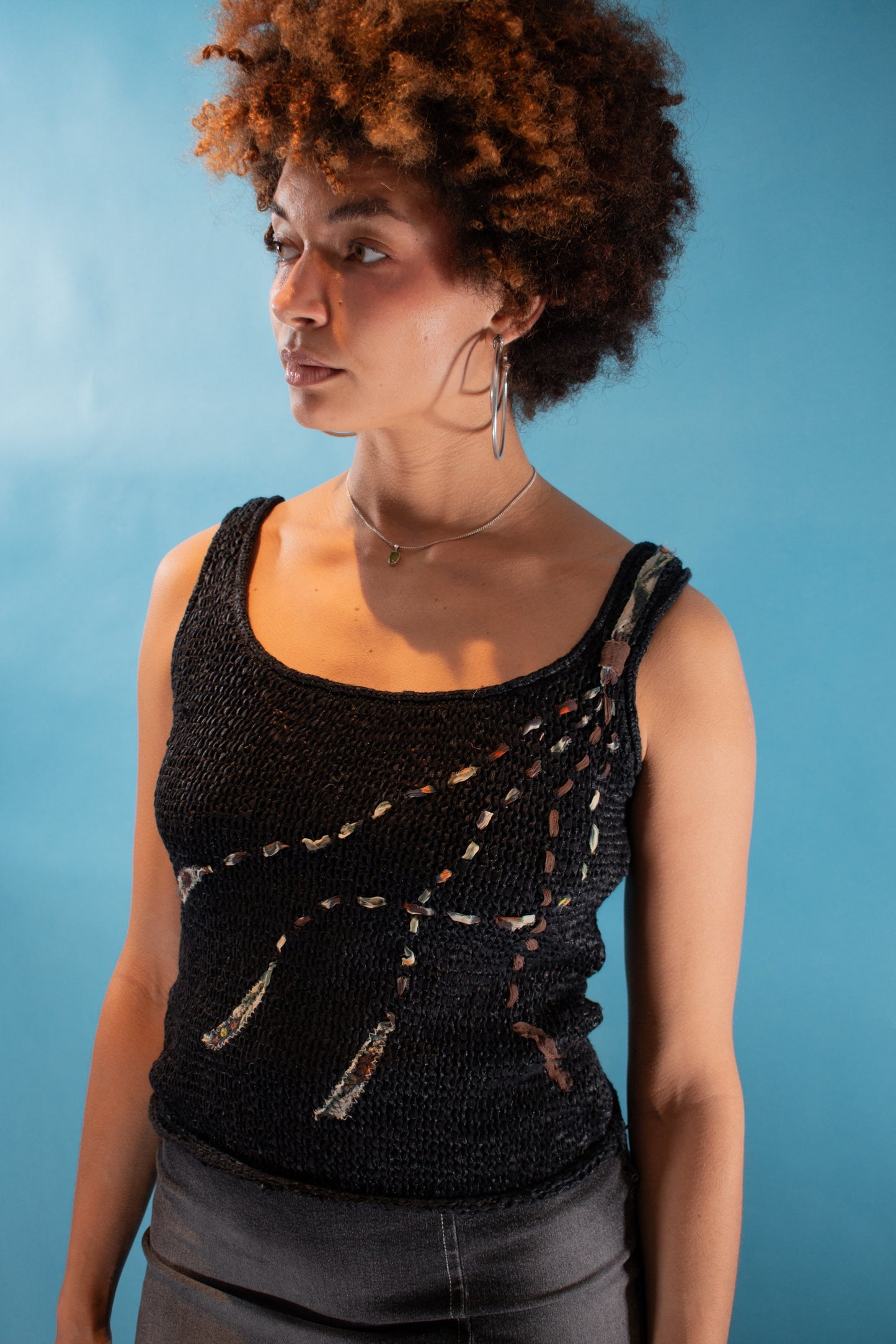 Vintage 1990s Size M Knitted Tank Top in Black and Multi.