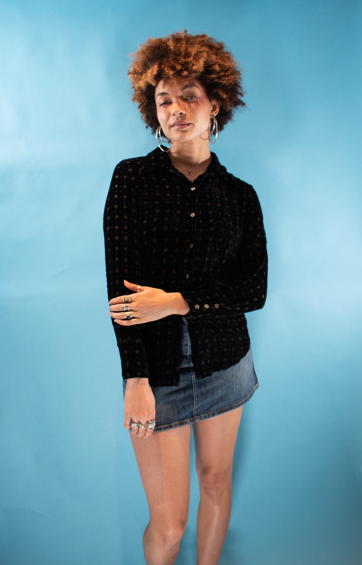Vintage Y2K Size M Semi Sheer Velvet Long Sleeve Shirt in Black.