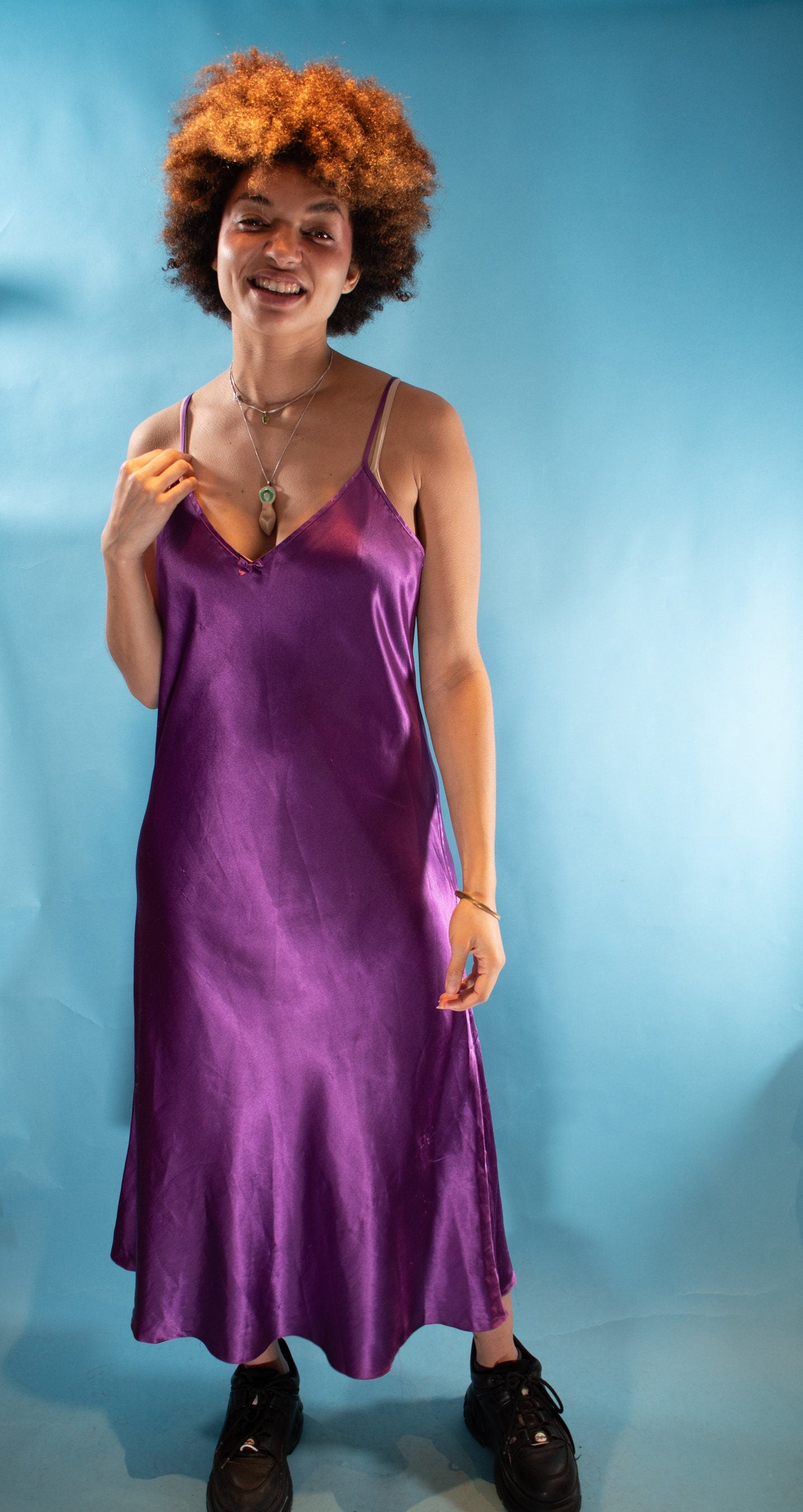 Vintage Y2K L/XL Satin Maxi Slip Dress in Purple.