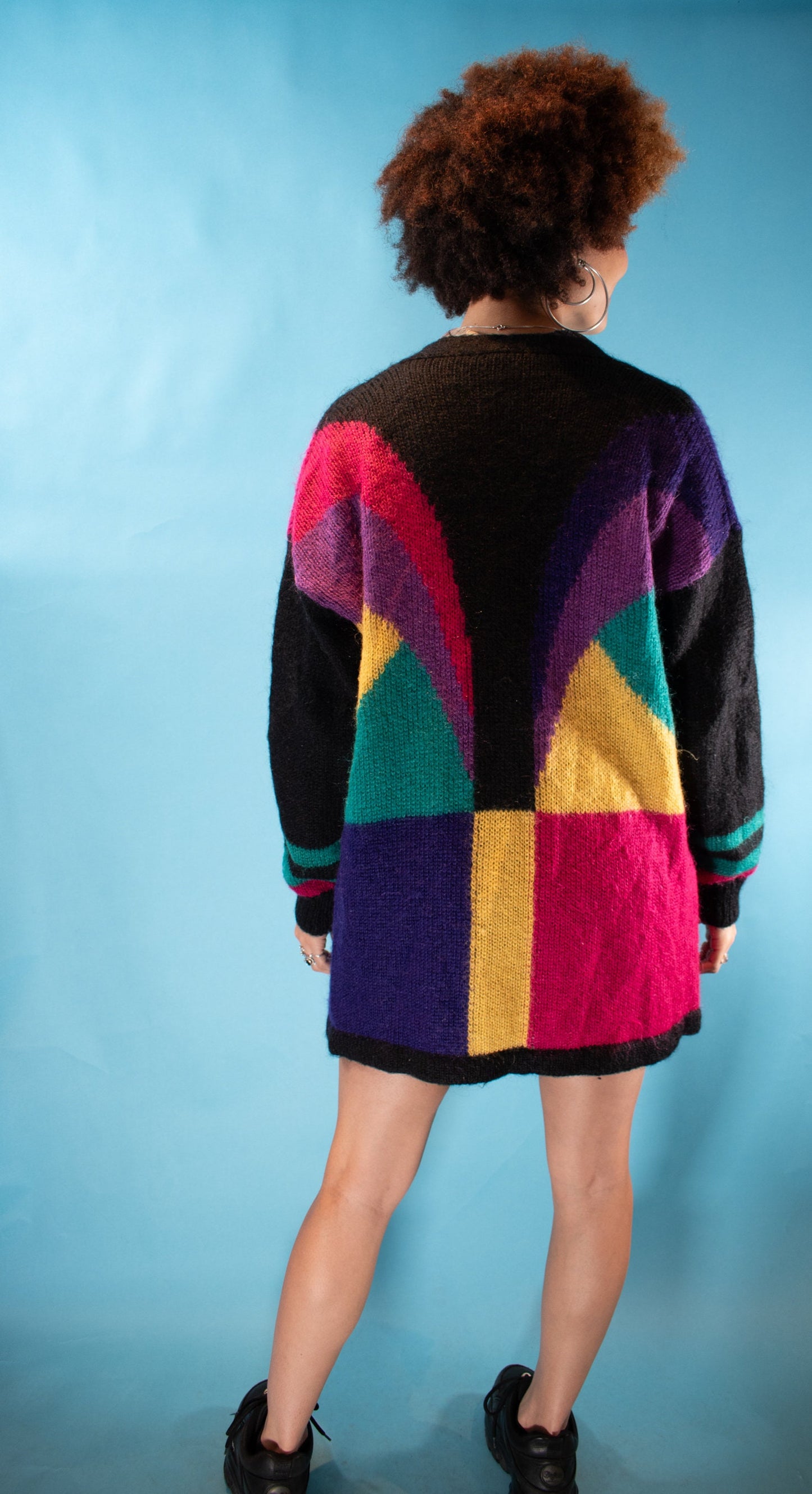 Vintage 1980s L/XL Colour Block Knitted Cardigan in Multi.