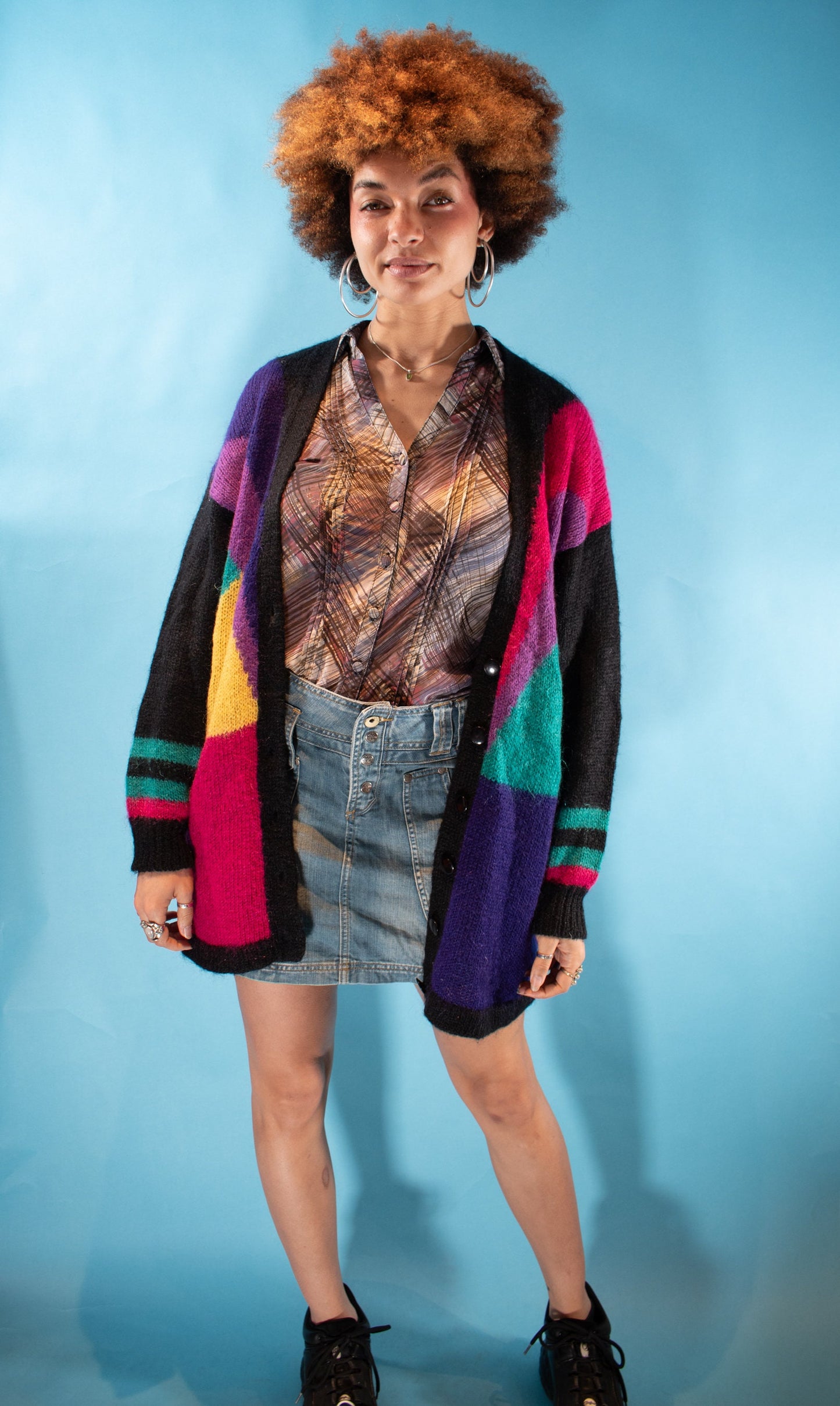 Vintage 1980s L/XL Colour Block Knitted Cardigan in Multi.