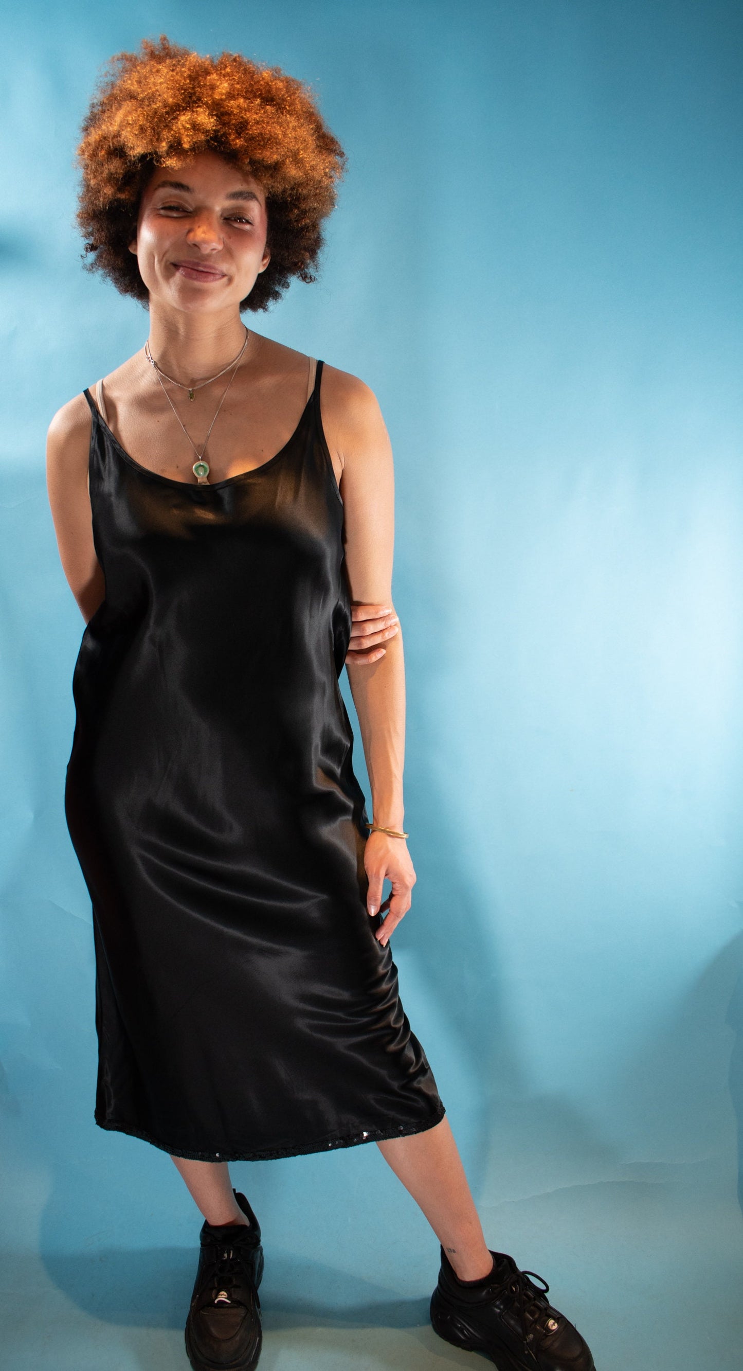 Vintage 1990s M/L Laura Ashley Satin Slip Dress in Black.
