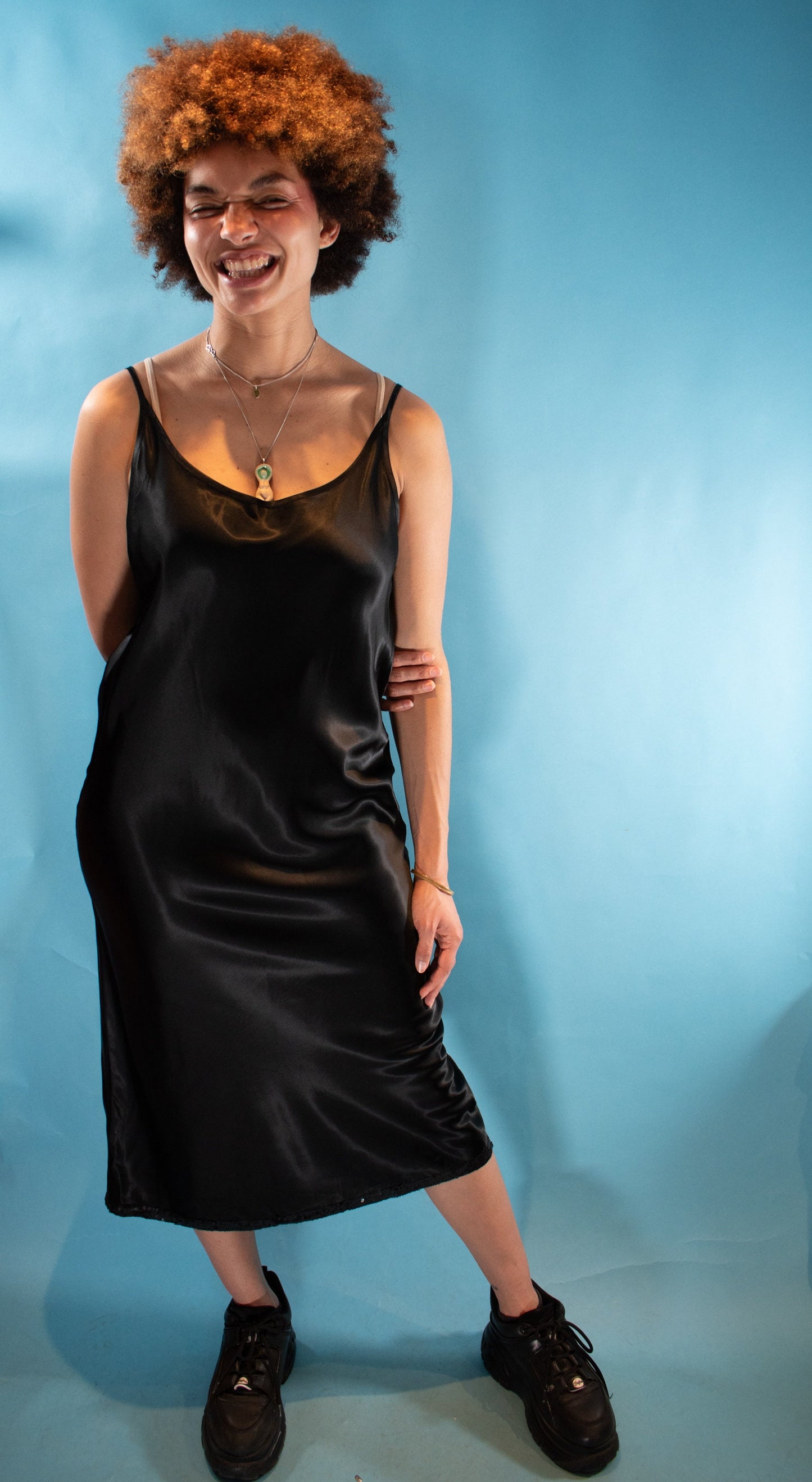 Vintage 1990s M/L Laura Ashley Satin Slip Dress in Black.