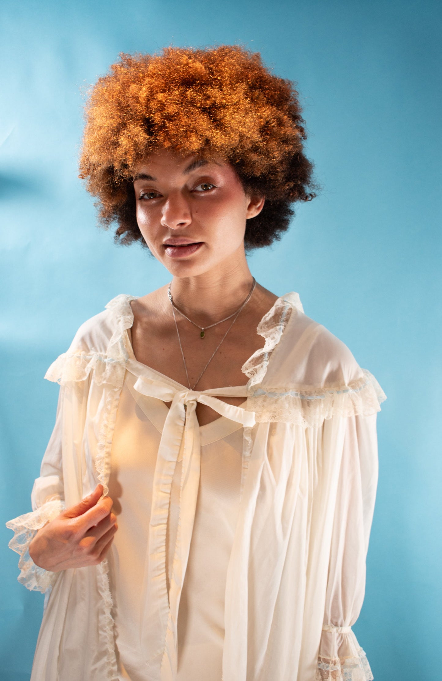 Vintage 1950s Free Size Sheer Lace Frilled Night Gown in Off White & Blue.