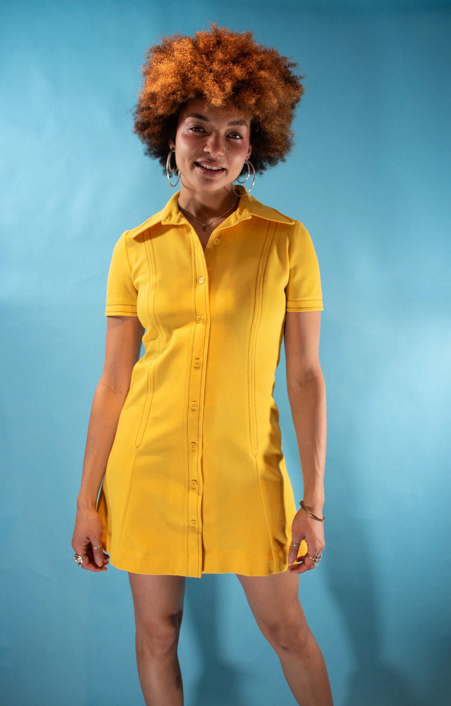 Vintage 1970s Size S/M Fit and Flare Mini Mod Dress in Canary Yellow.