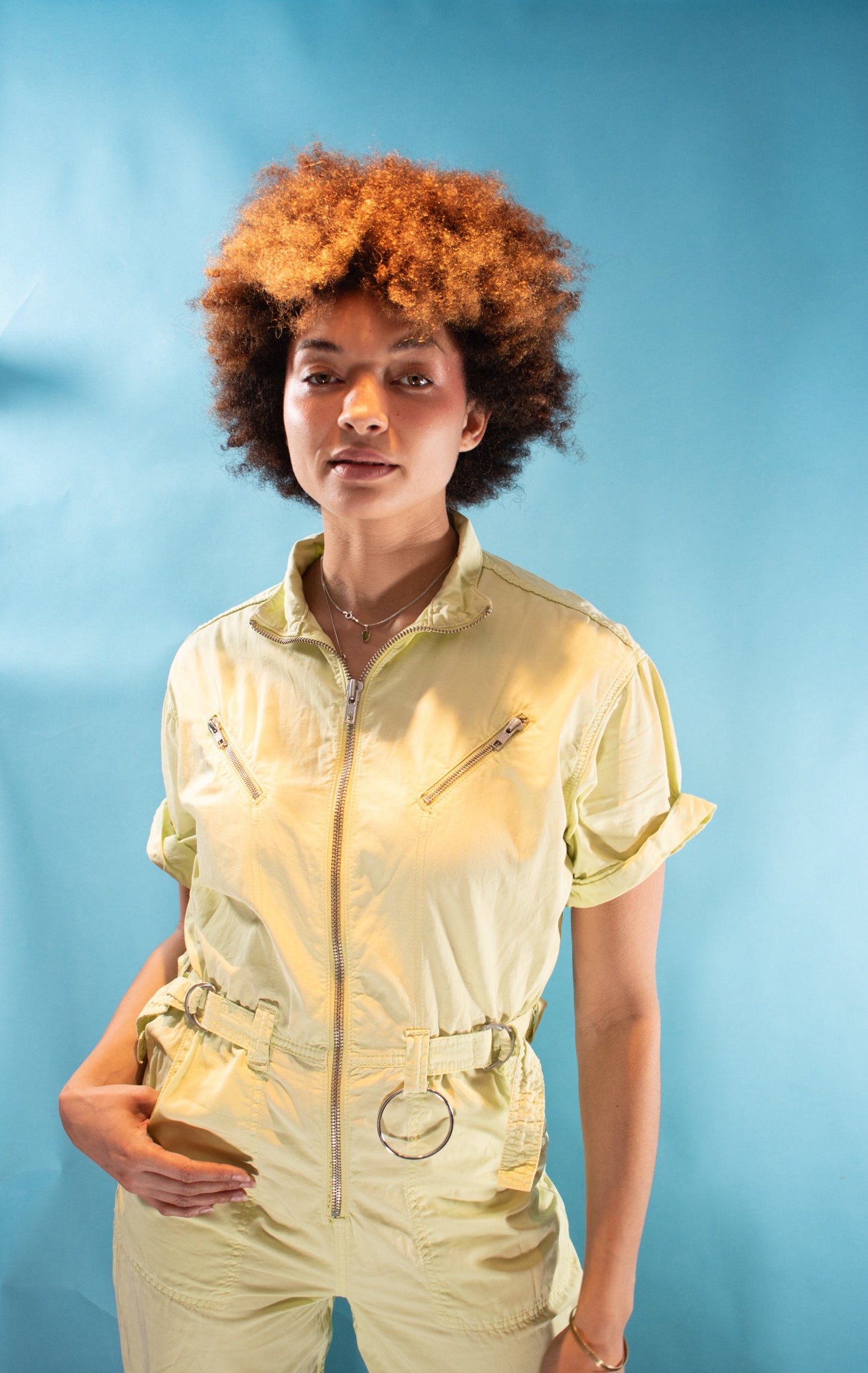 Vintage Y2K Size S/M Zip Up Utility Boiler Suit in Neon Yellow.