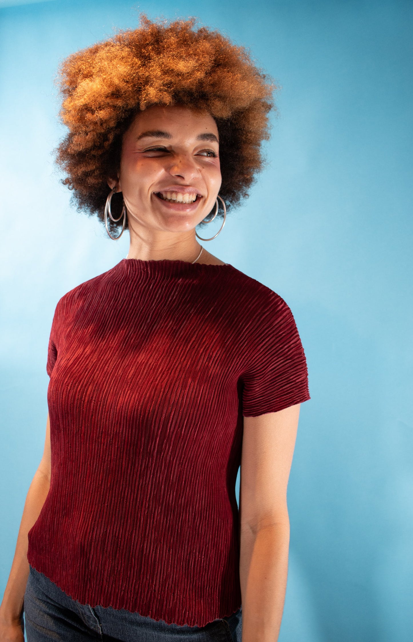 Vintage Y2K Free Size Crinkle Plisse Top in Burgundy.