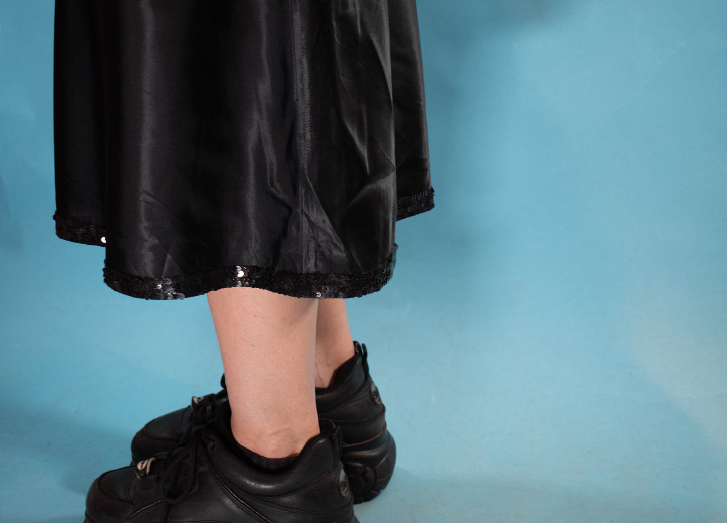 Vintage 1990s M/L Laura Ashley Satin Slip Dress in Black.