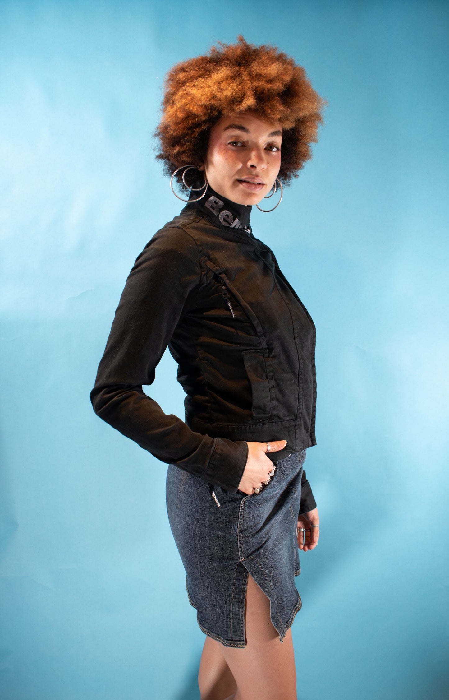 Vintage Y2K S Bench Asymmetric Zip Up Denim Biker Jacket in Black.