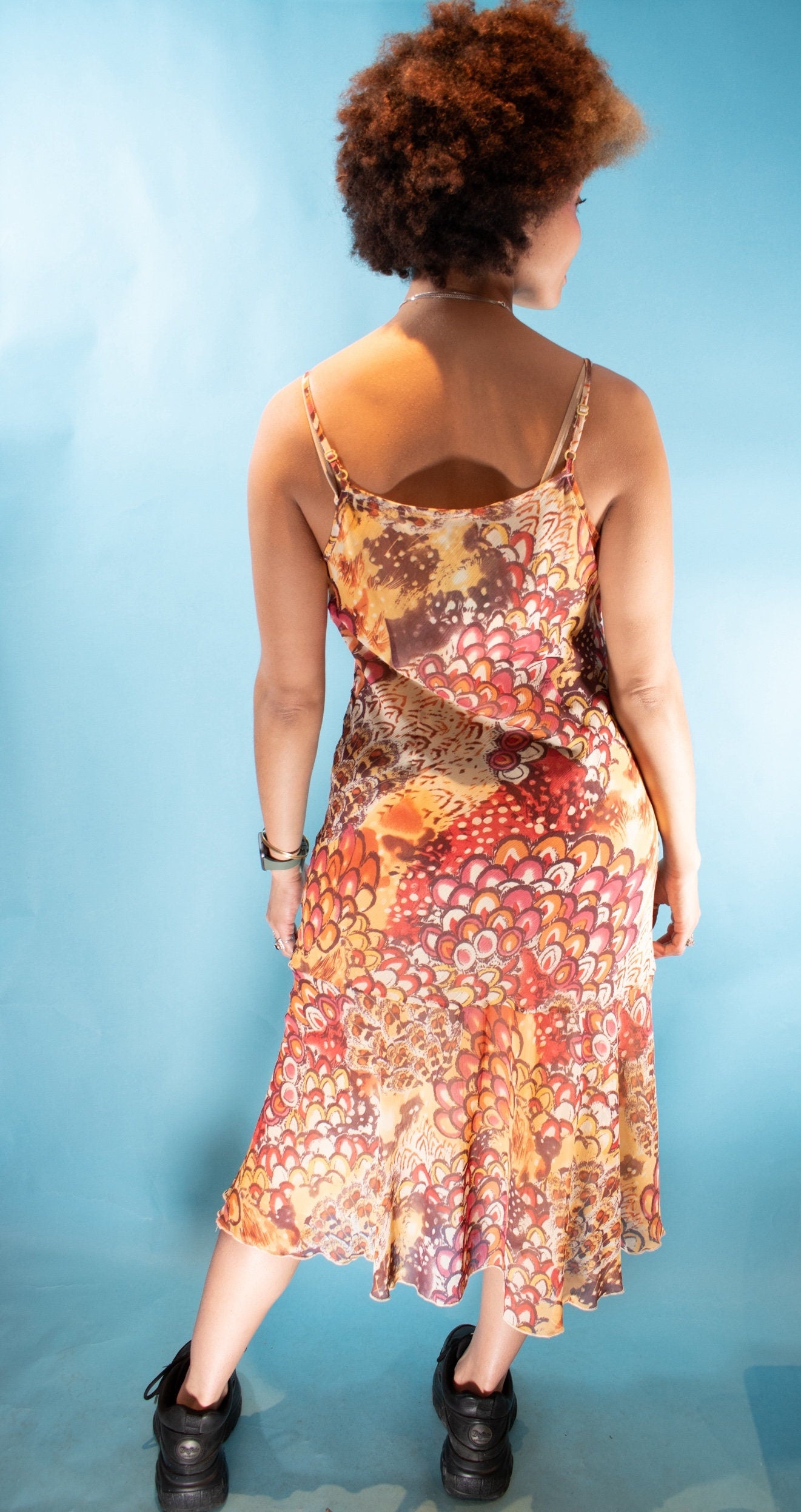 Vintage Y2K Size M/L Fluted Midi Dress in Red & Yellow Peacock Print.