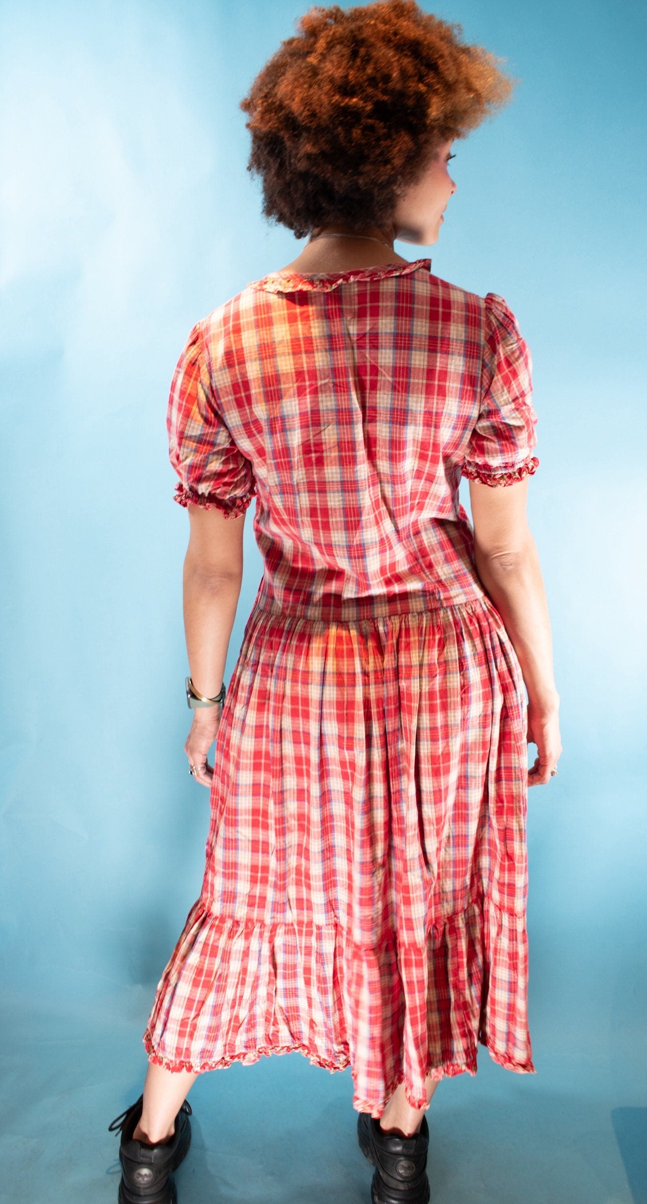 Vintage 1970s Style Size M/L Checked Midi Tea Dress in Red.
