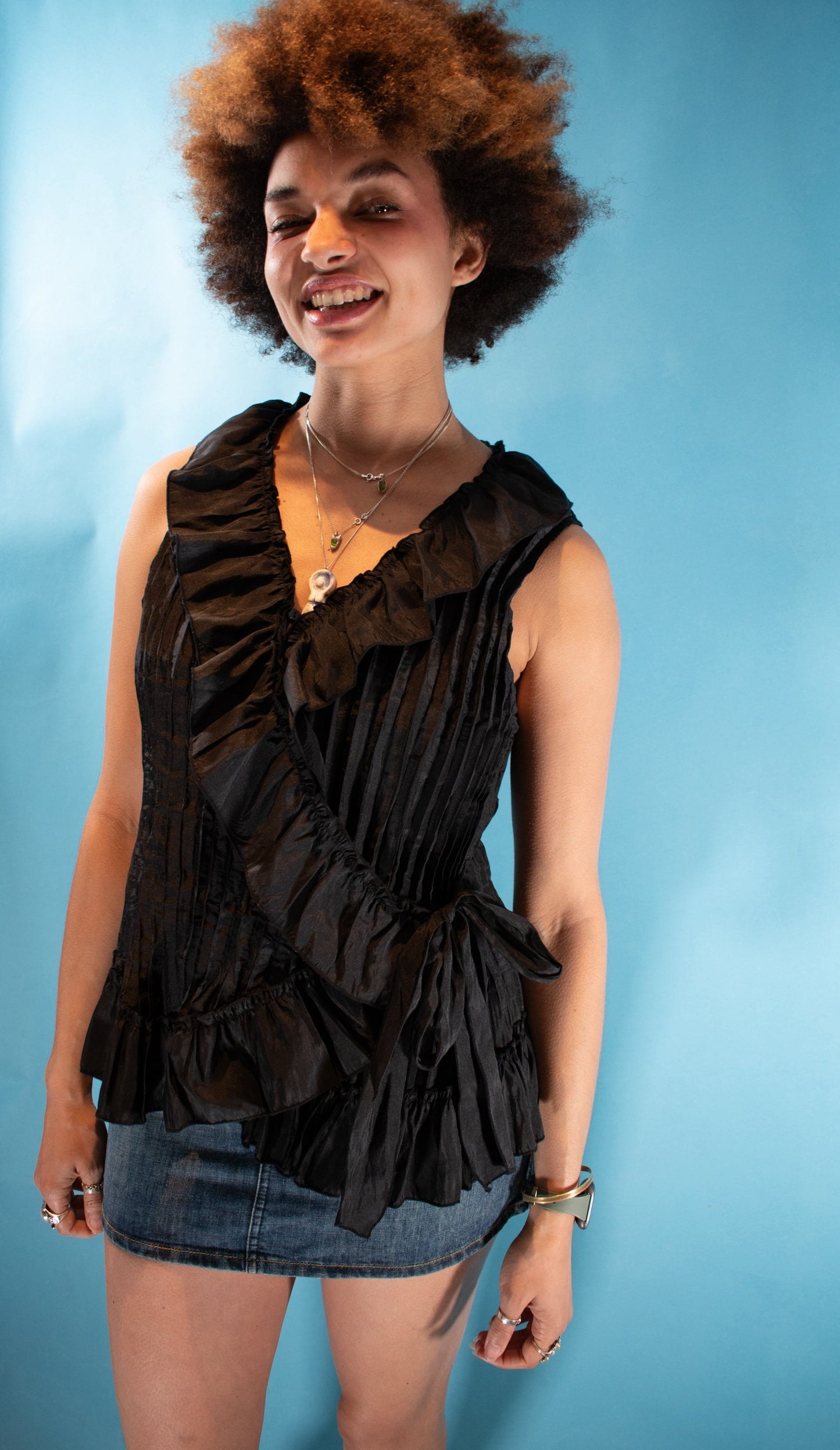 Vintage Y2K Size XL Pleated Frilled Sleeveless Wrap Top in Black.
