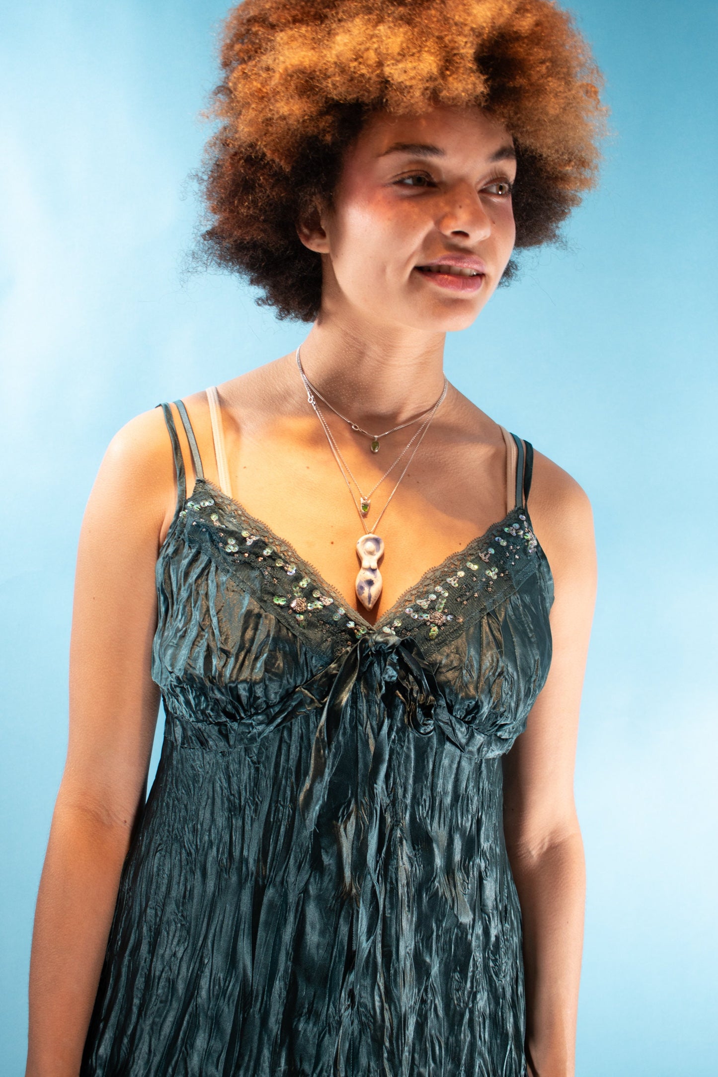Vintage Y2K Size L Crinkled Embellished Cami Top in Emerald Green.