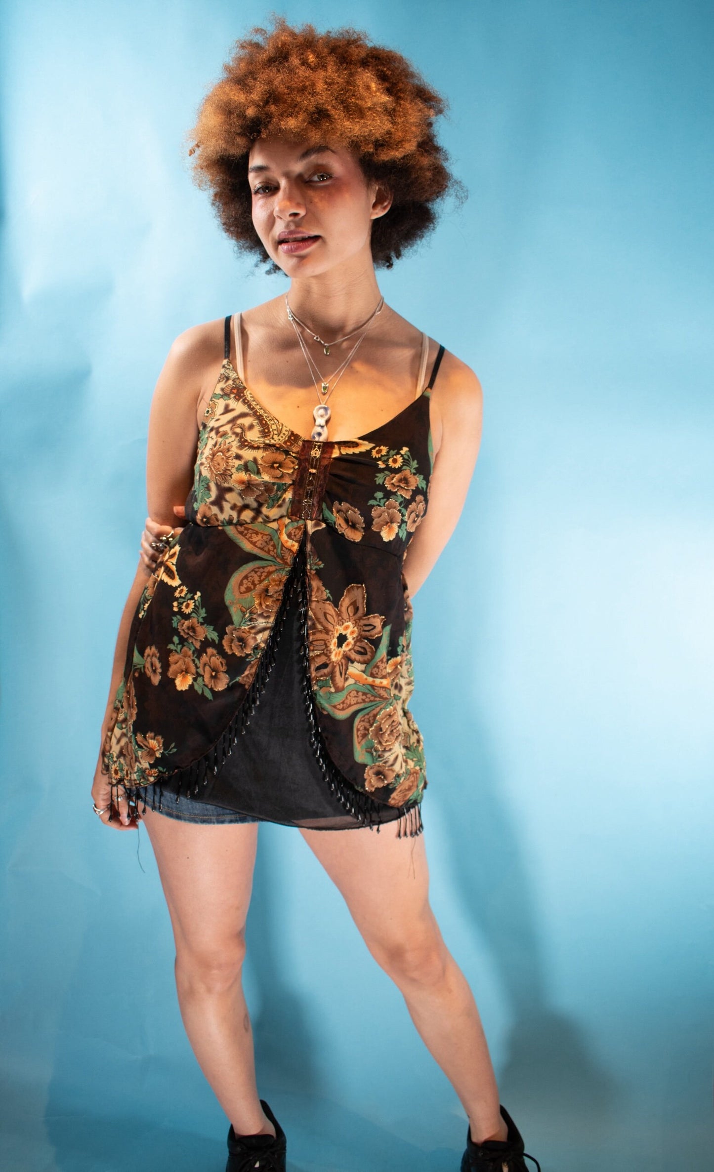 Vintage Y2K Size M Paisley Printed Beaded Cami Top in Black and Multi.