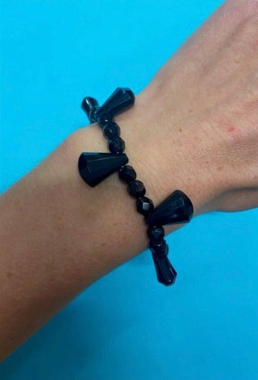 Vintage 1980's  Black Glass Bead Bracelet