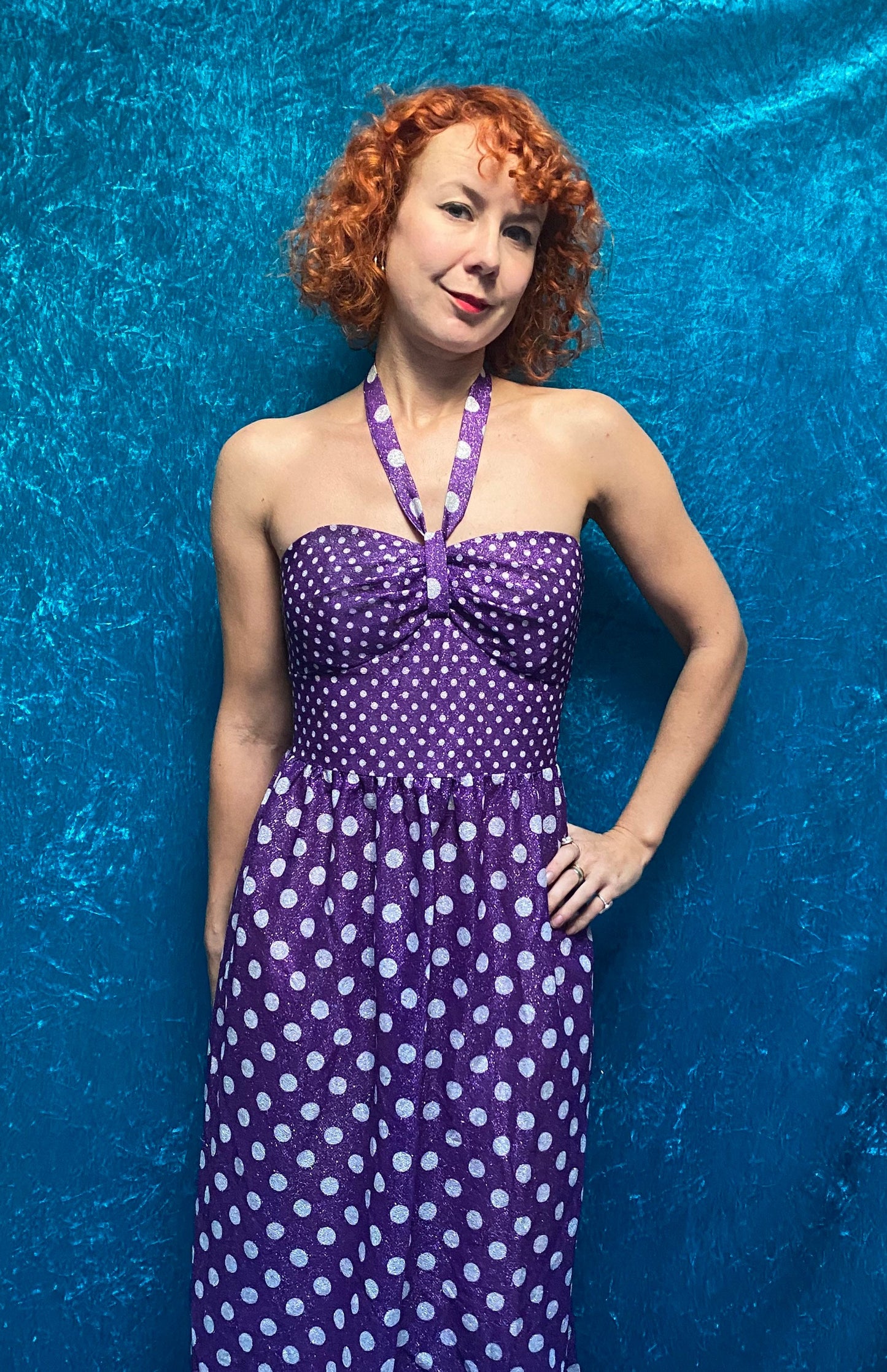 Vintage 1970s Glittery Purple Polka Dot Dress.